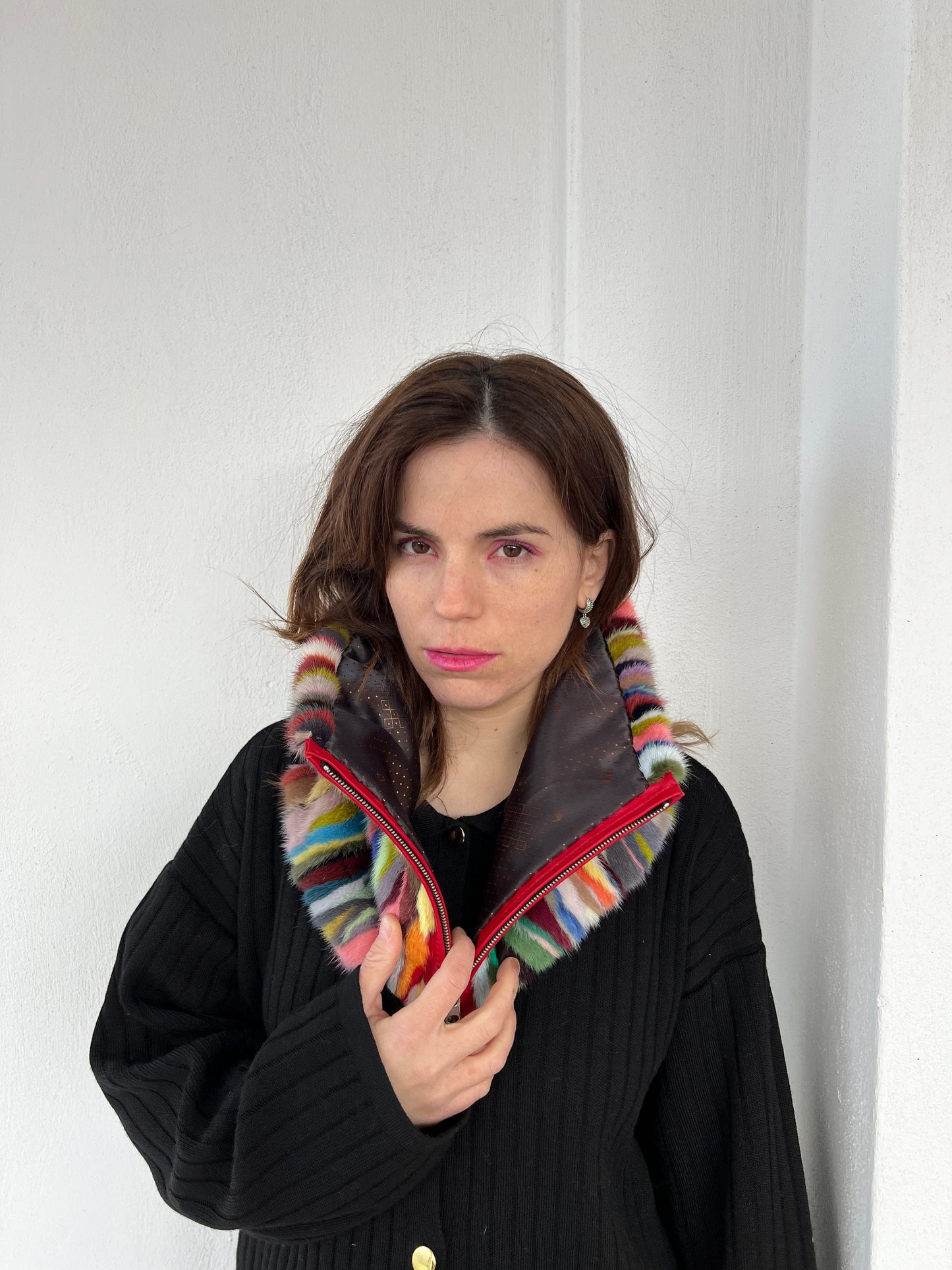 Multicolored Mink Fur Cowl: Zipped Leather Detail Infinity Scarf