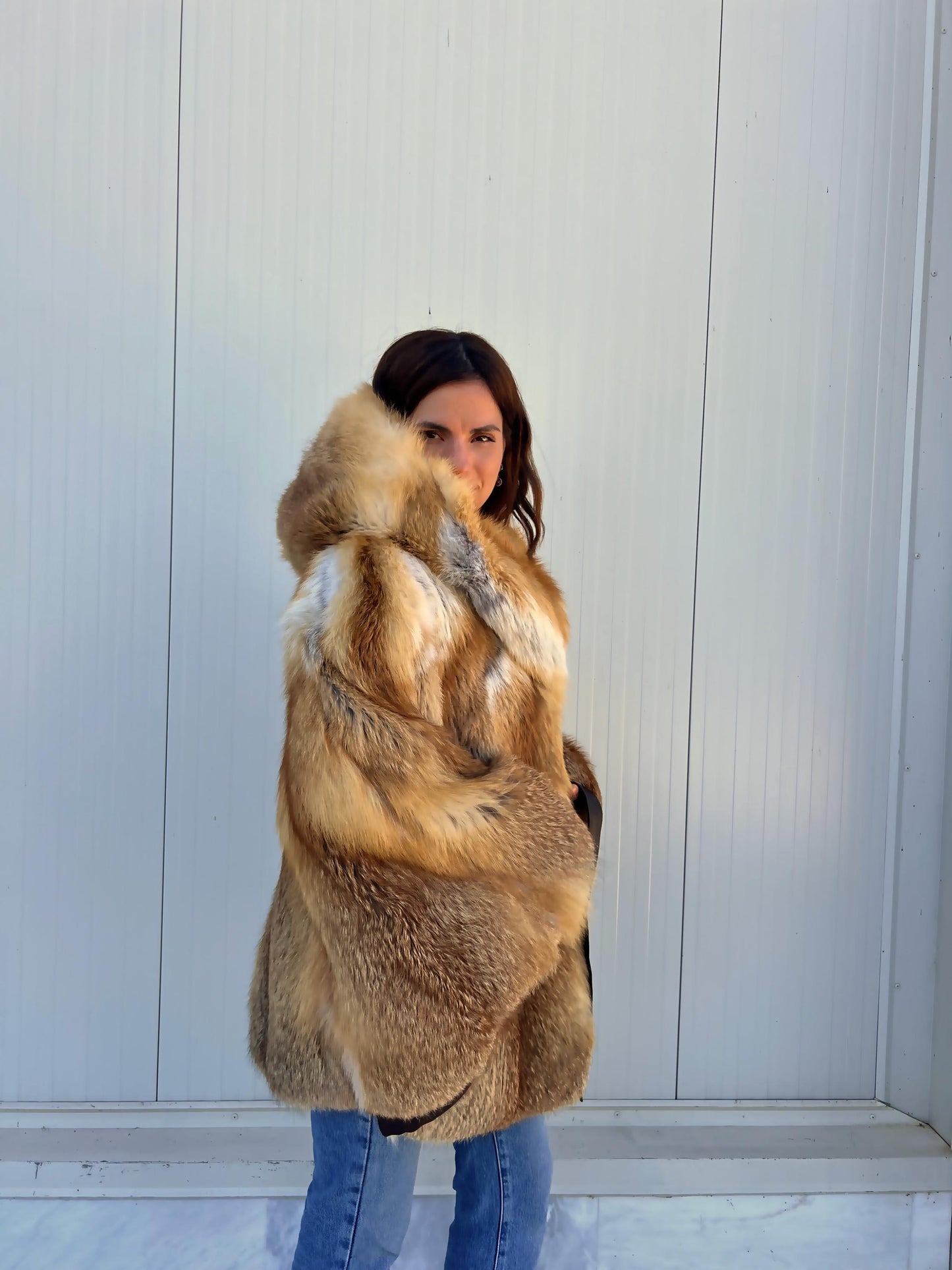 Red Fox Fur Cape with Hood: Handmade Leather Belt Closure