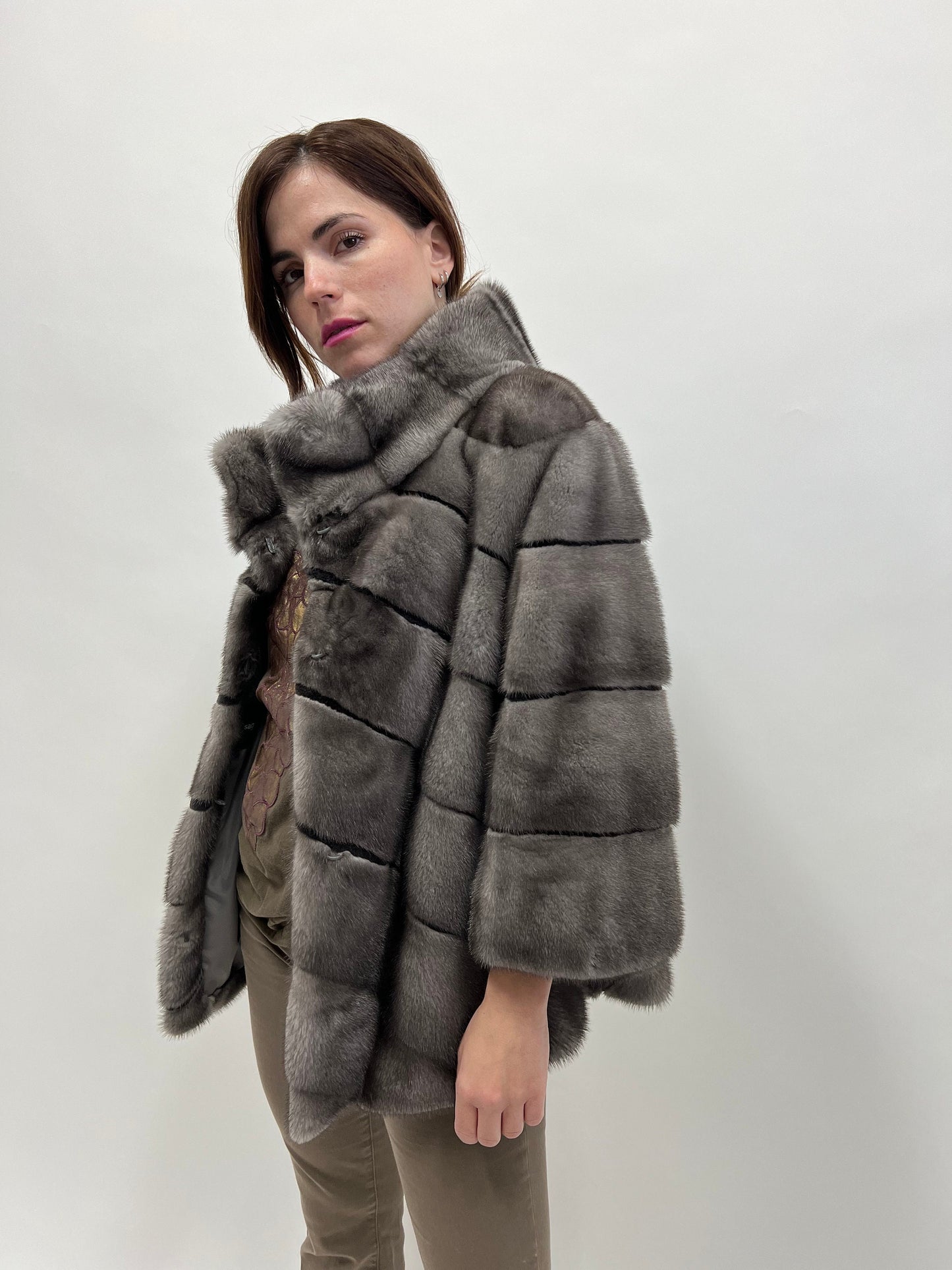 Blue Iris Mink Fur Coat with Sheared Black Stripes