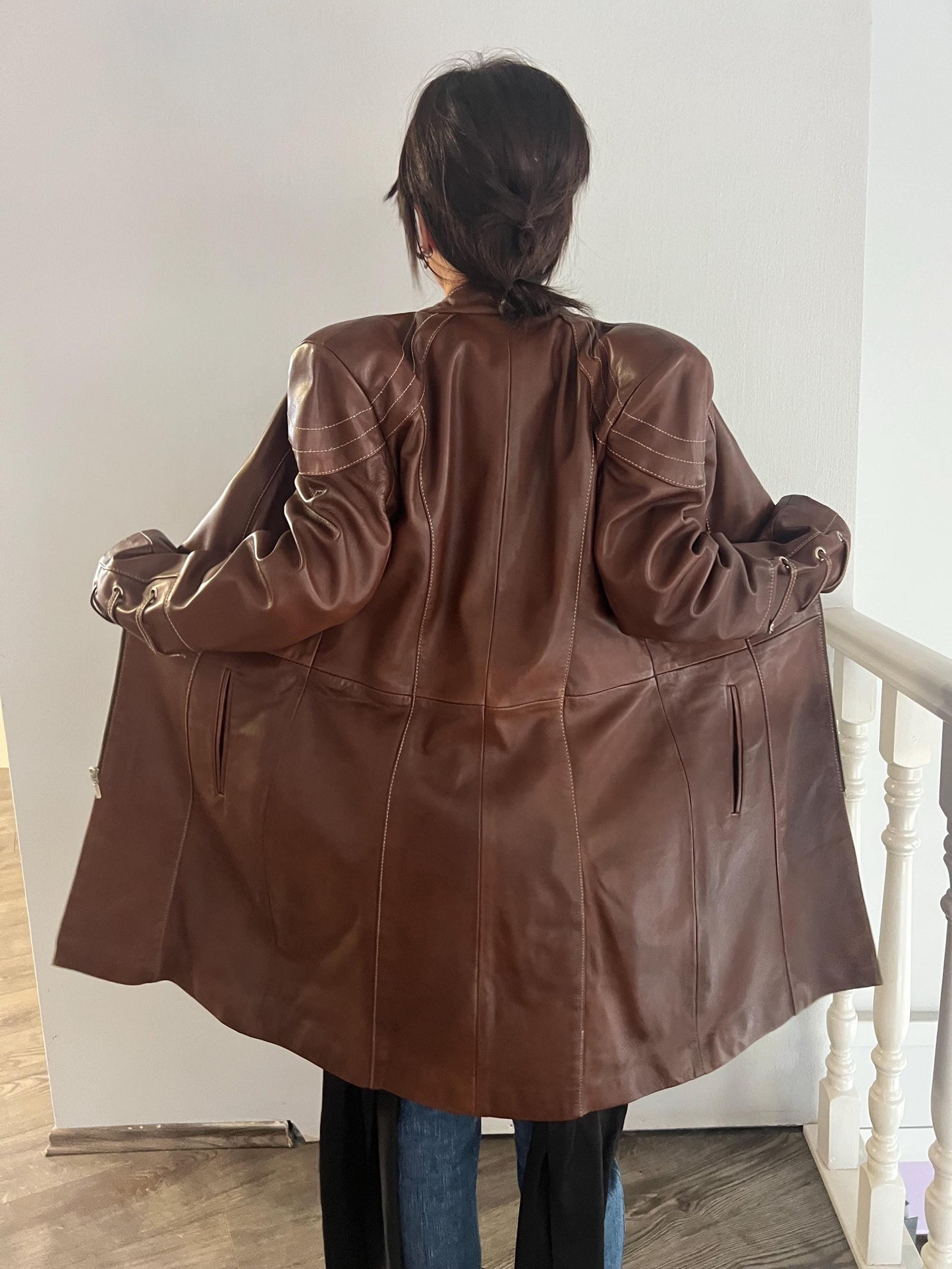 Handmade Nappa Lamb Leather Coat: Tobacco Brown Zip Front