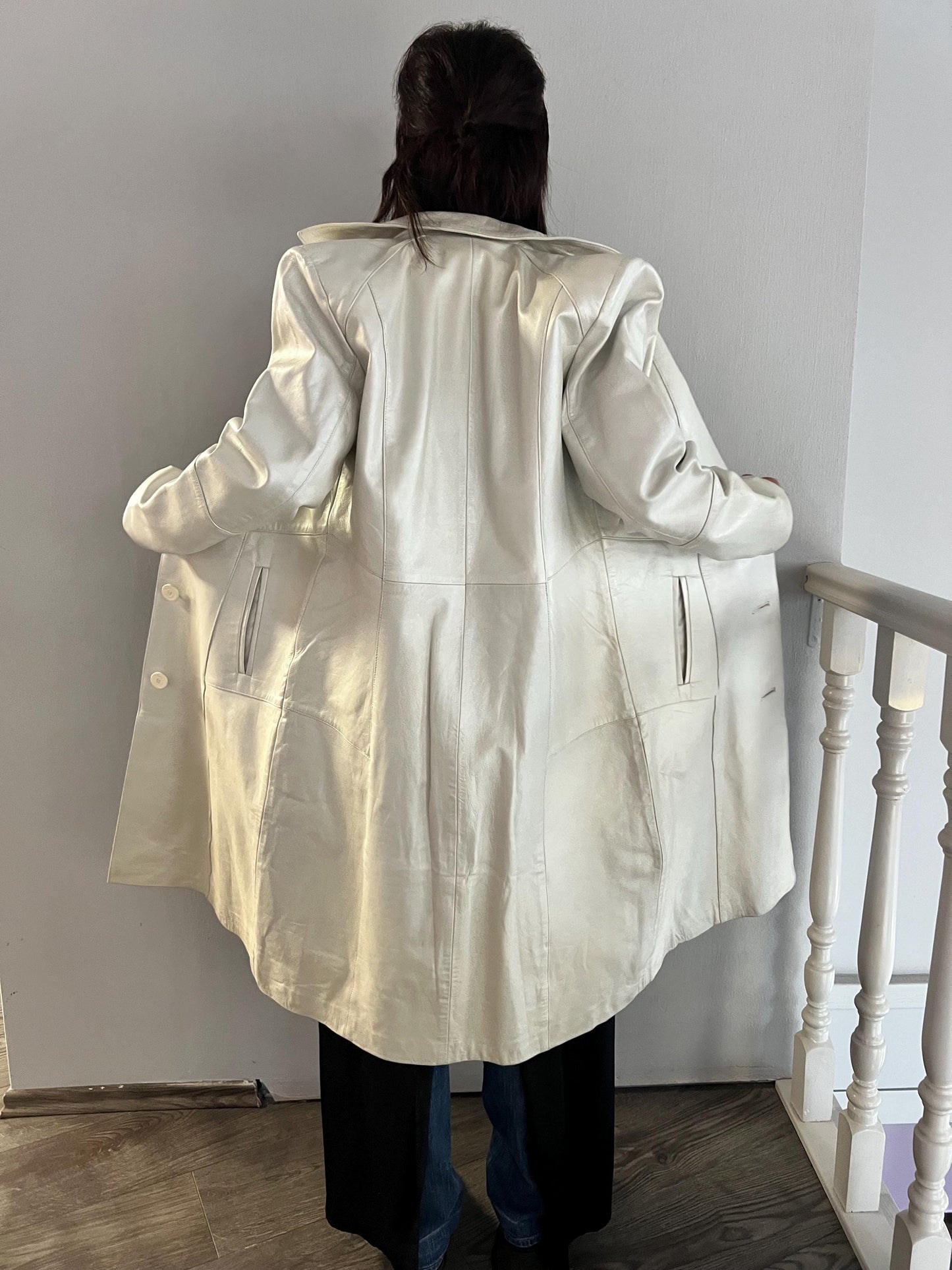 Handmade Nappa Lambskin Leather Coat: White Pearl Button-Down
