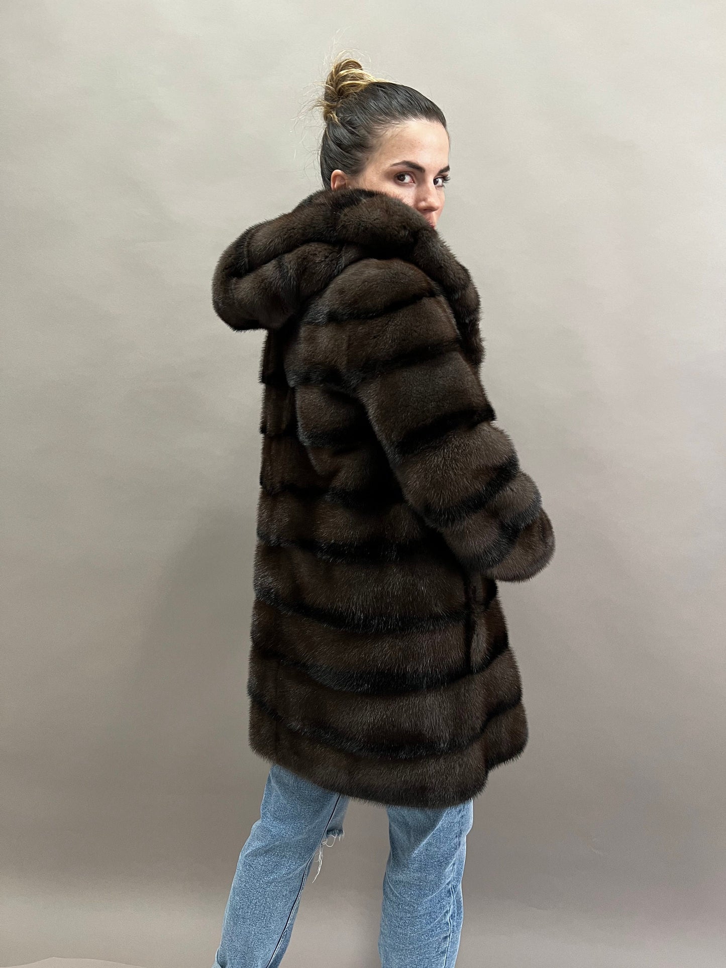 Aurora Brown Mink Fur Hooded Coat: Handmade Luxury Jacket