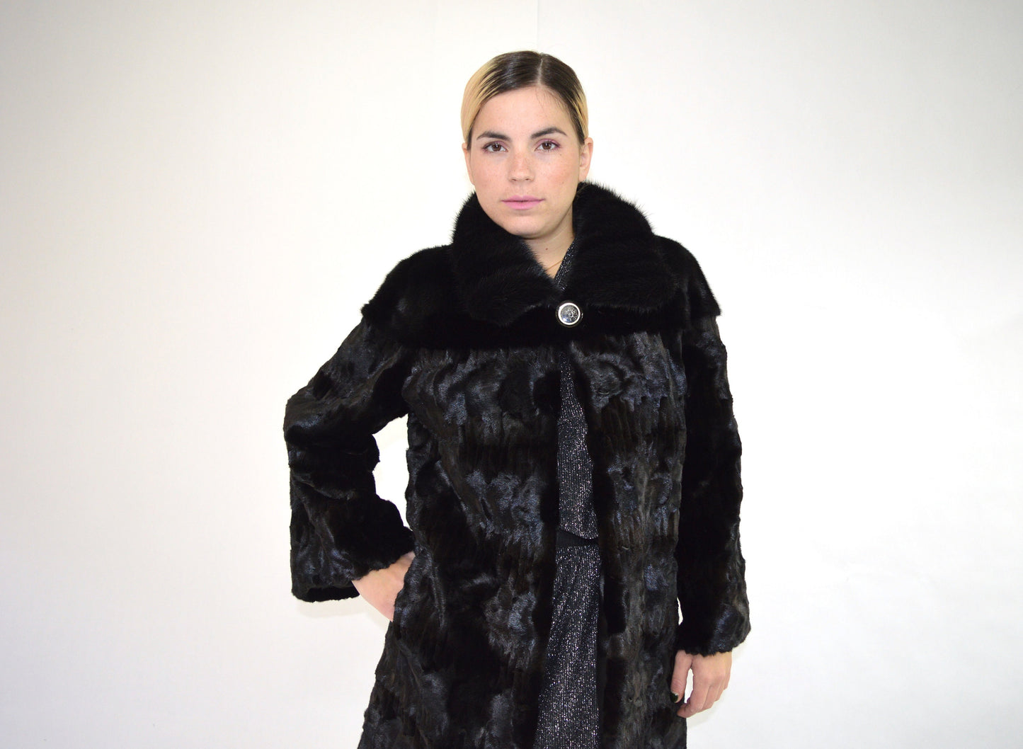 Black Mink Fur Jacket, Genuine Fur Pelt,with Collar