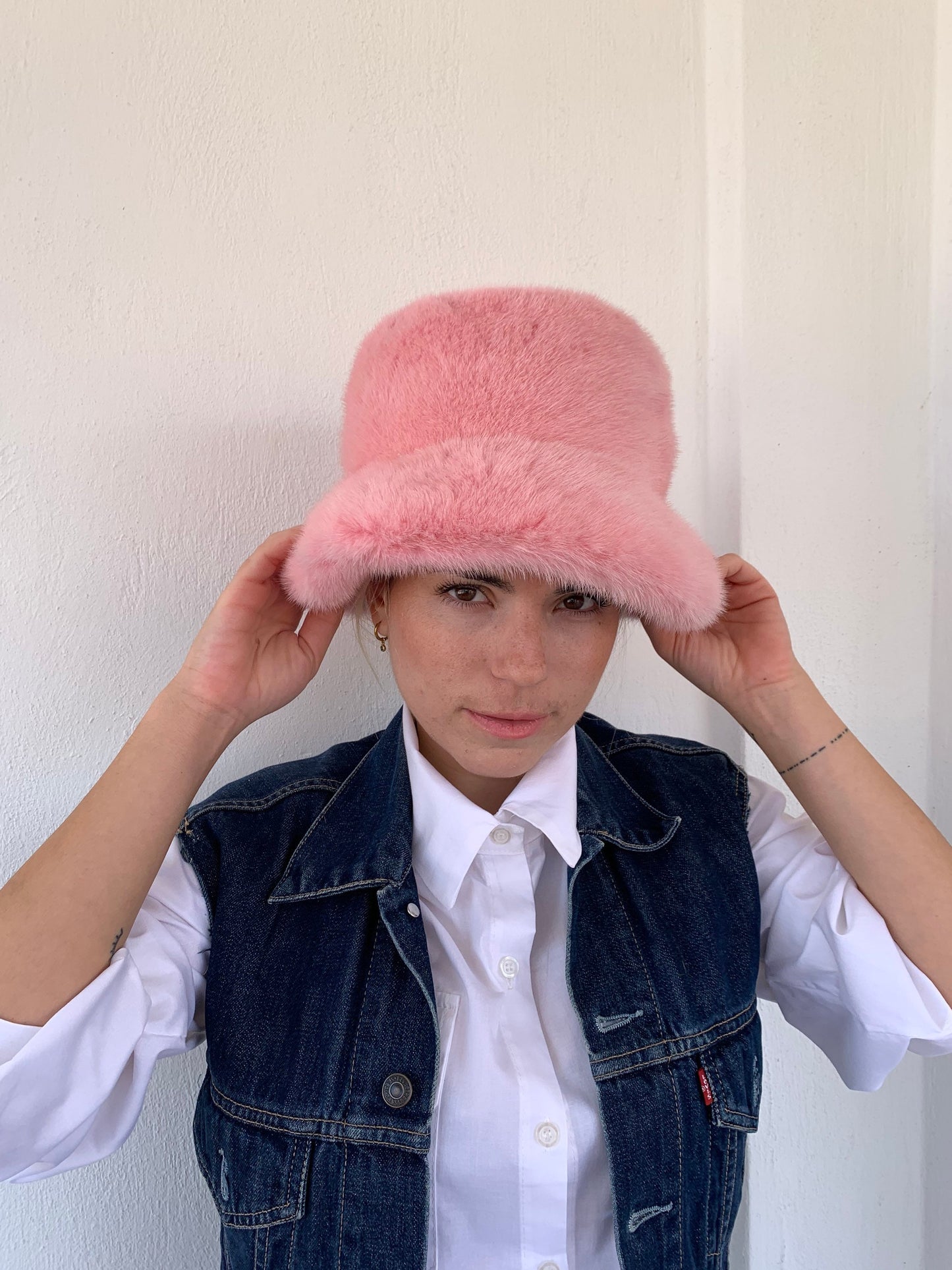 Pink Mink Fur Bucket Hat: Handmade Padded Winter Warmer