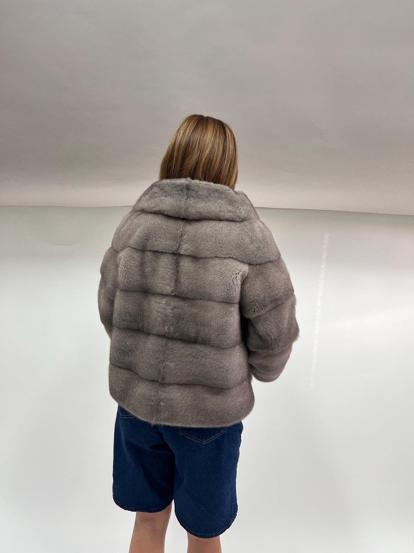 Real Silver Mink Fur Stroller Coat - High Collar, Luxury Gift