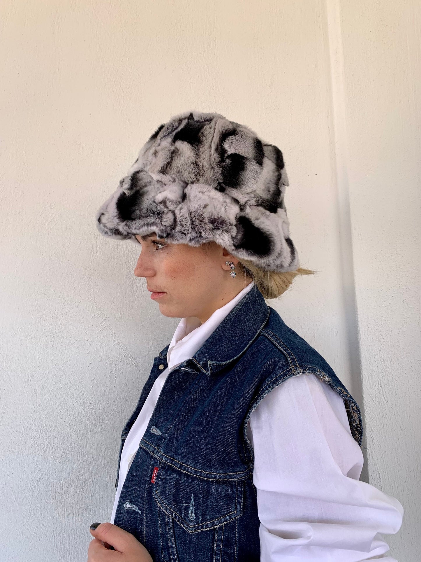 Rex Rabbit Fur Bucket Hat: Black & Grey Fisherman Style