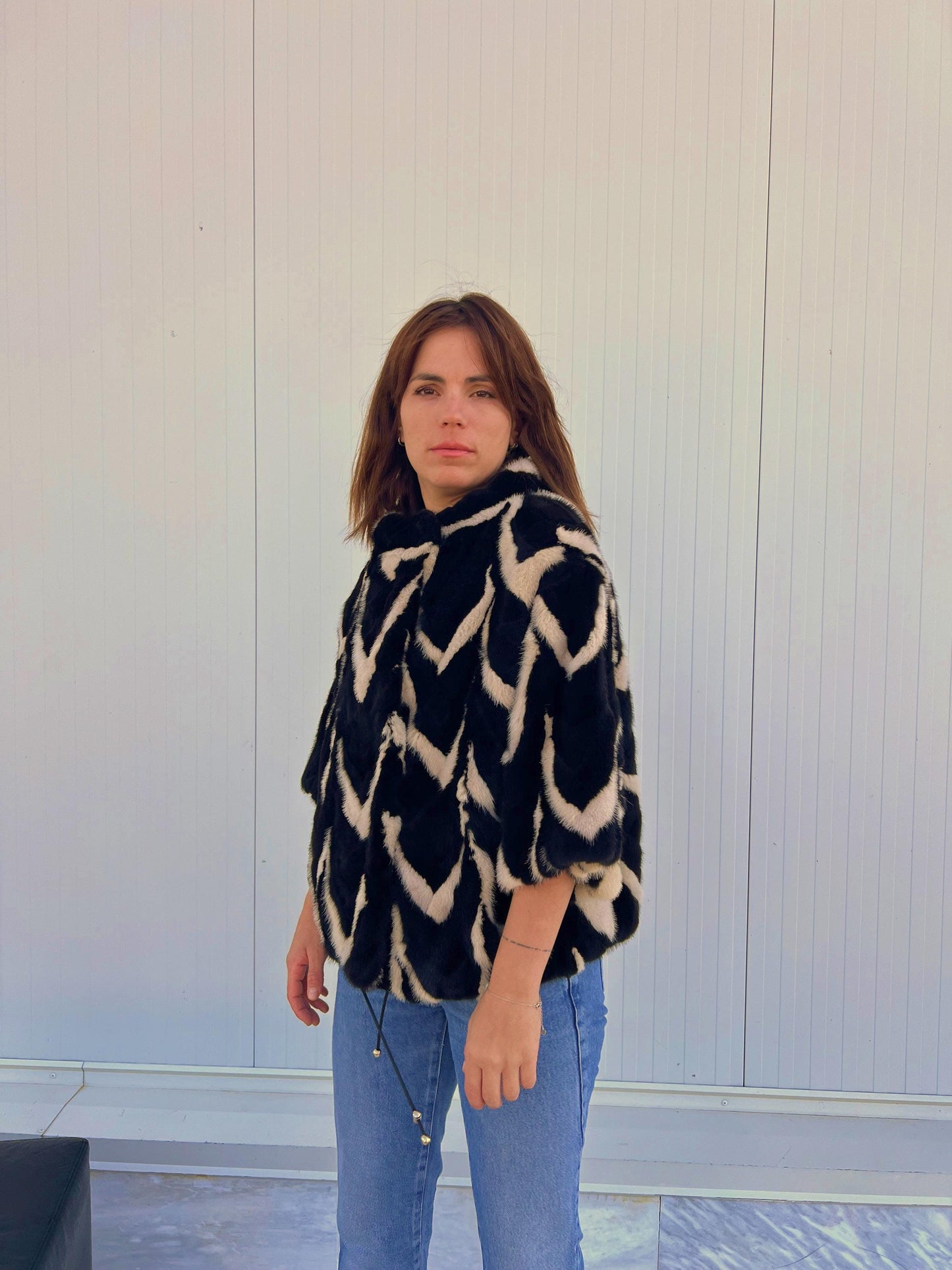 Intarsia Mink Fur Jacket: Beige & Black Genuine Fur Blazer