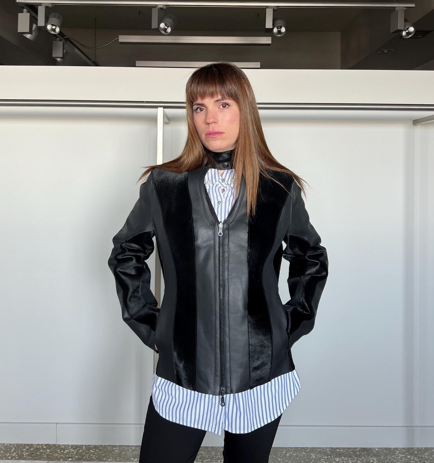 Genuine Hair-On Leather Jacket: Black Calf Cavallino Coat