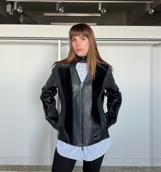 Genuine Hair-On Leather Jacket: Black Calf Cavallino Coat