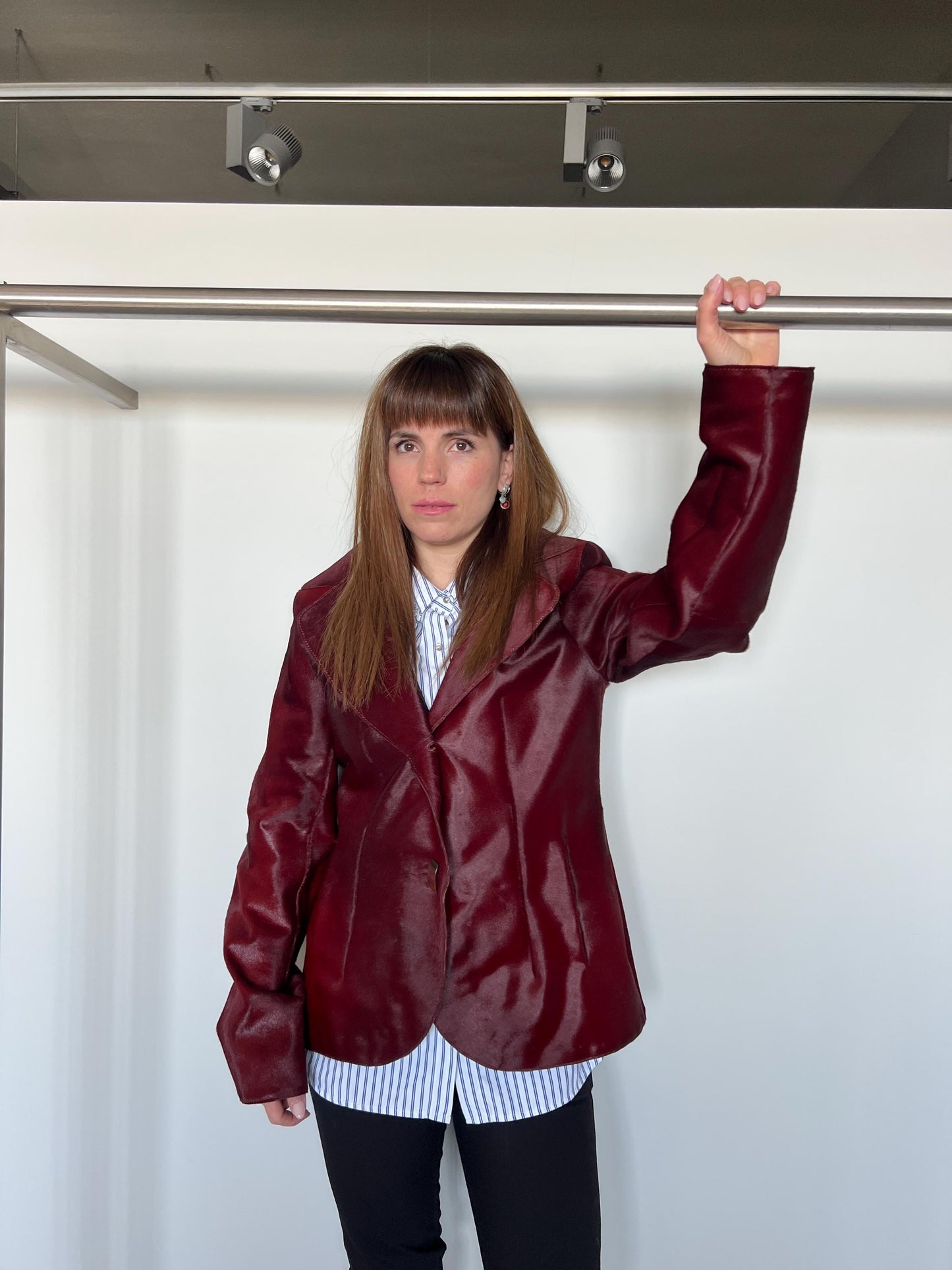 Genuine Cherry Hair-on Hide Leather Coat - Calf Cavallino Jacket