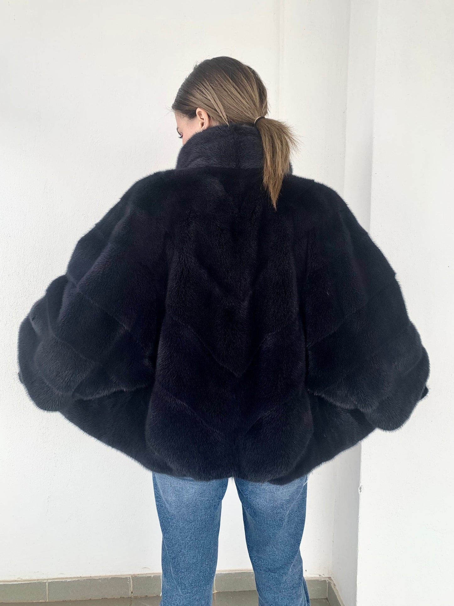 Denim Blue Mink Fur Cape: Handmade Oversized Jacket