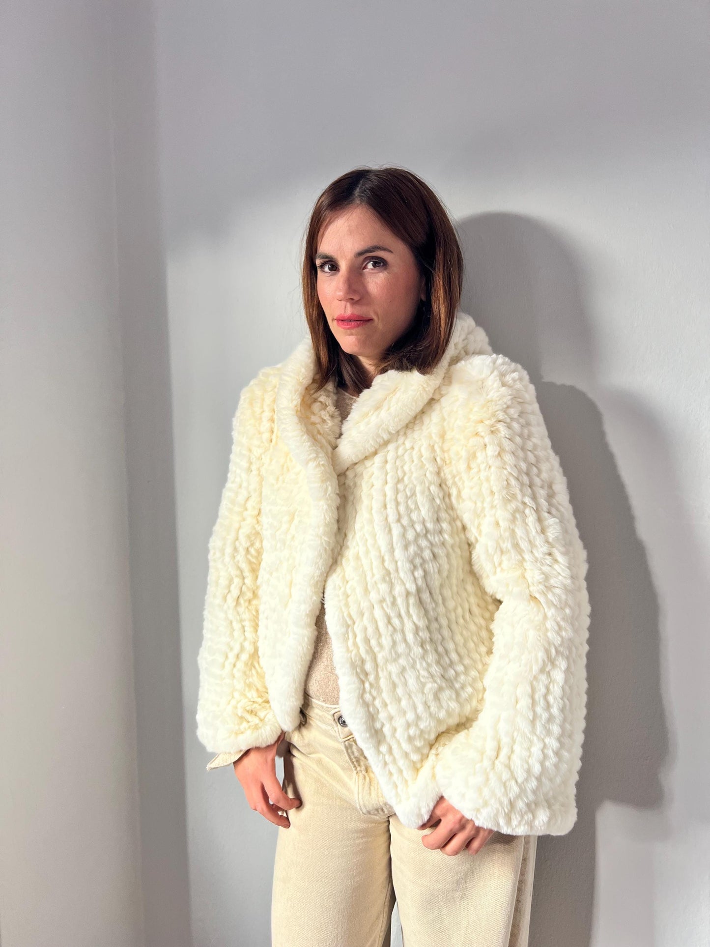 Handwoven Cream Rabbit Fur Hooded Jacket - Frog Closure