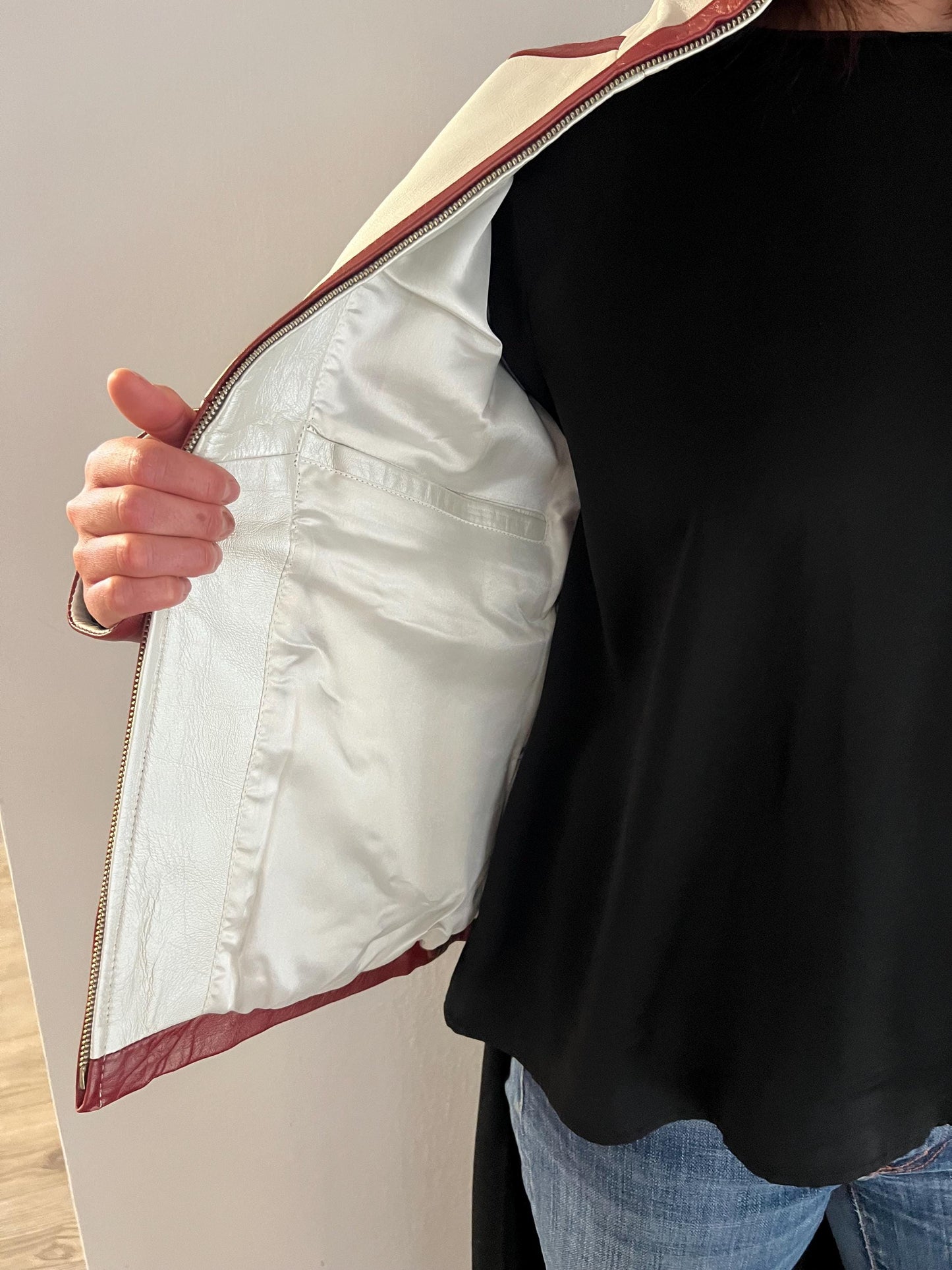 Handmade Lambskin Leather Jacket: Cream White Nappa with Bordeaux Details (XS)