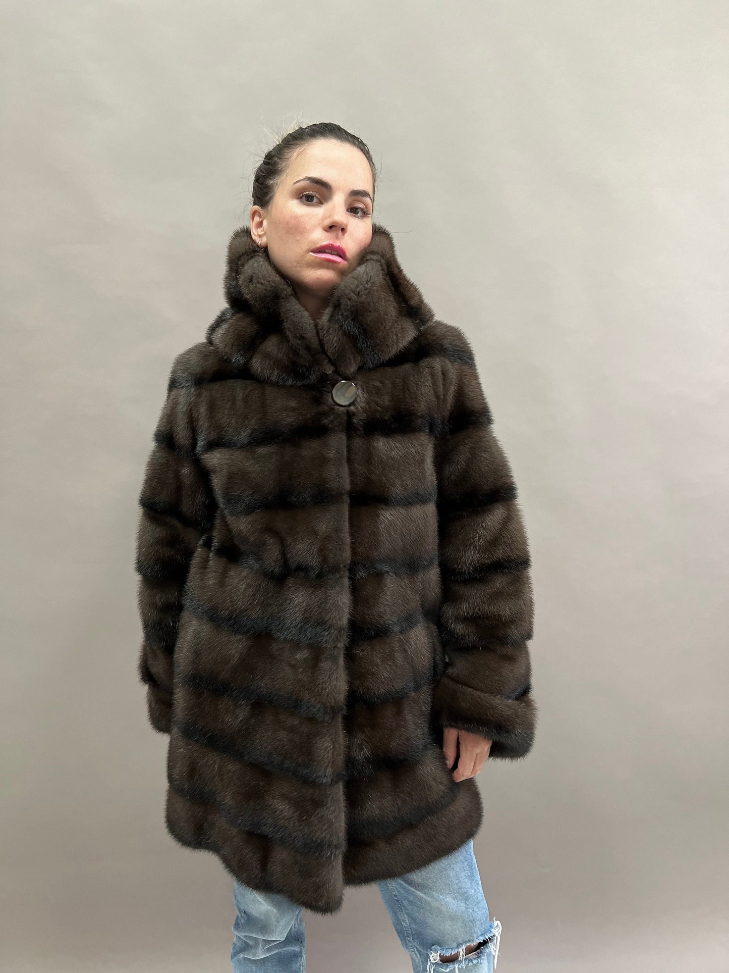 Aurora Brown Mink Fur Hooded Coat: Handmade Luxury Jacket
