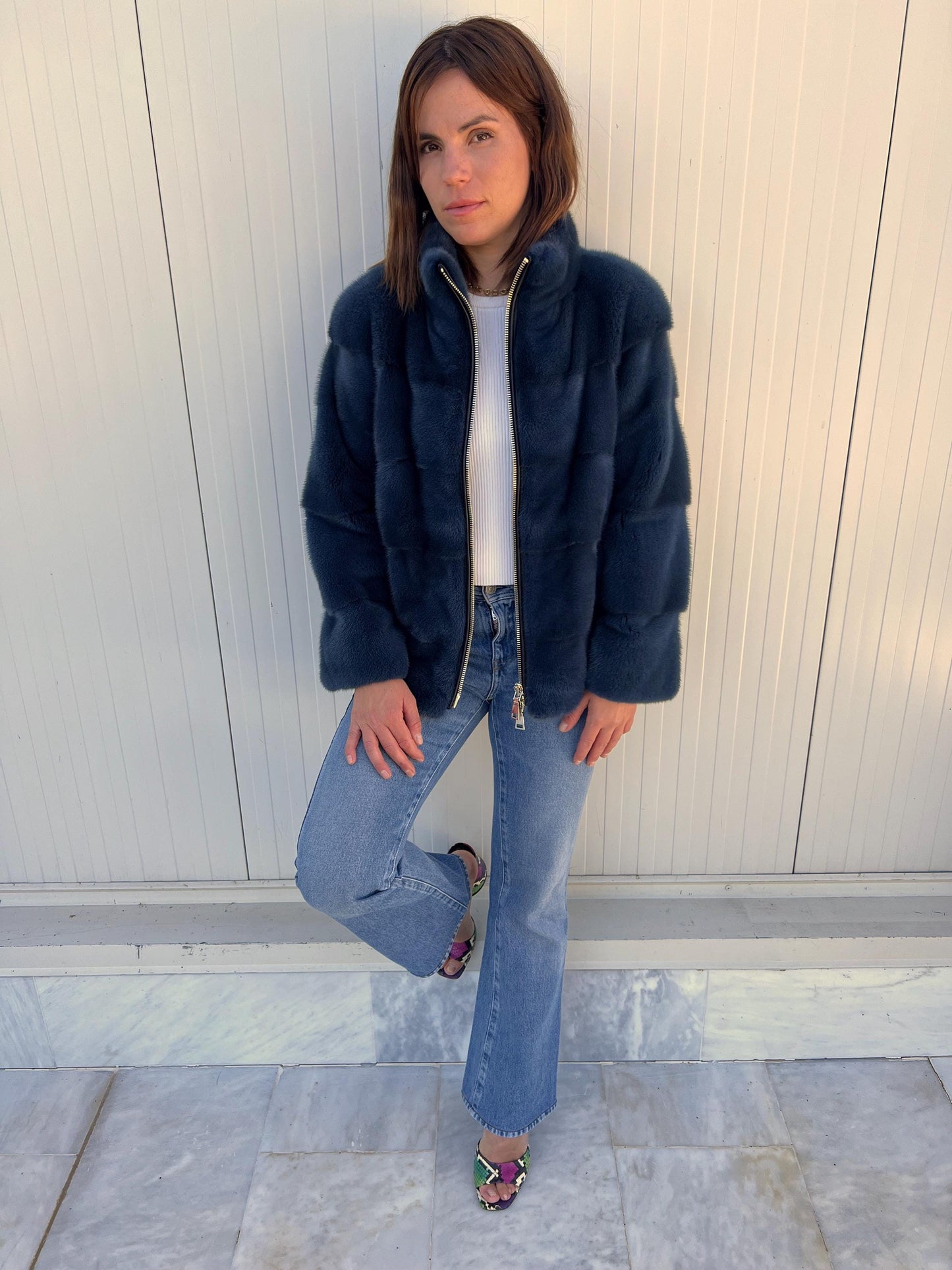Handmade denim Blue Mink Fur Jacket: Velvet Blazer with Stand Up Collar