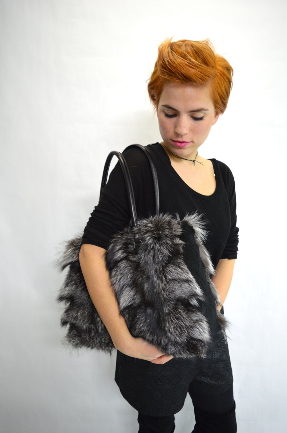 Silver Fox Fur Handbag: Leather Laptop Bag, grey shoulder bag.