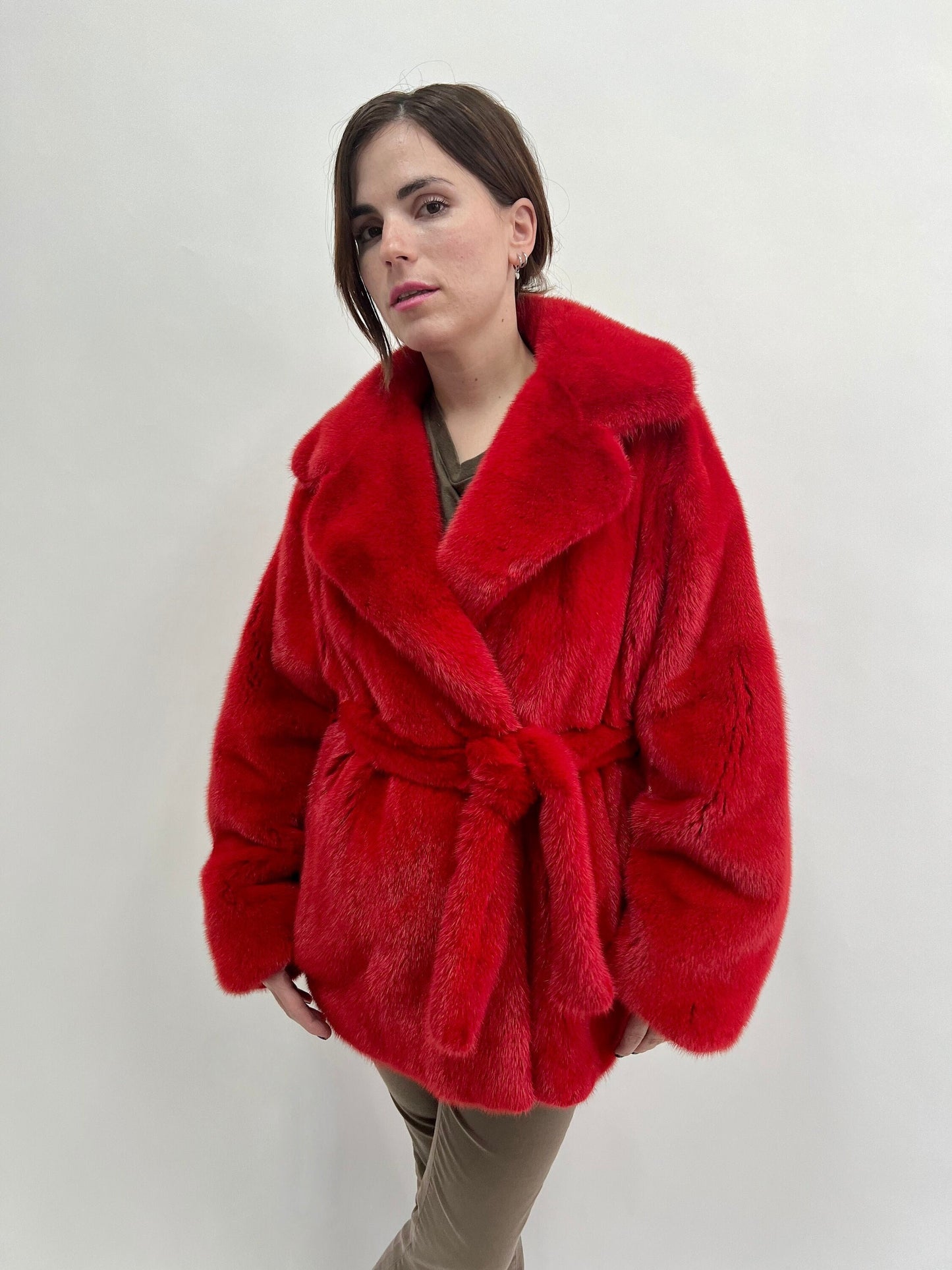 Fire Red Mink Fur Coat: Saga Quality Belted Jacket