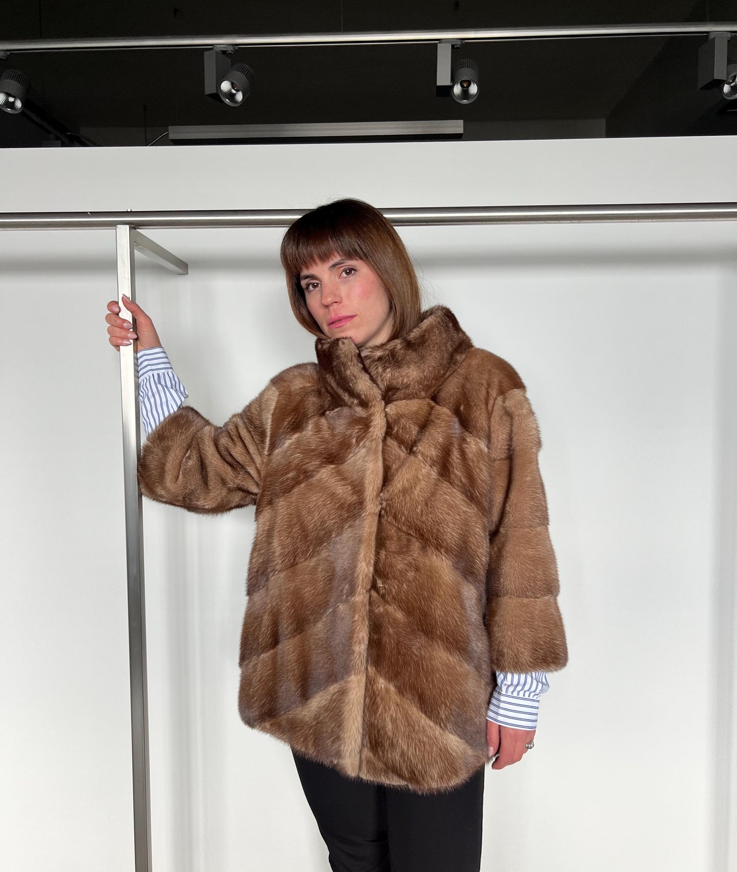 Mink Fur Collared Cappuccino Jacket - Handmade Luxury Fur Gift