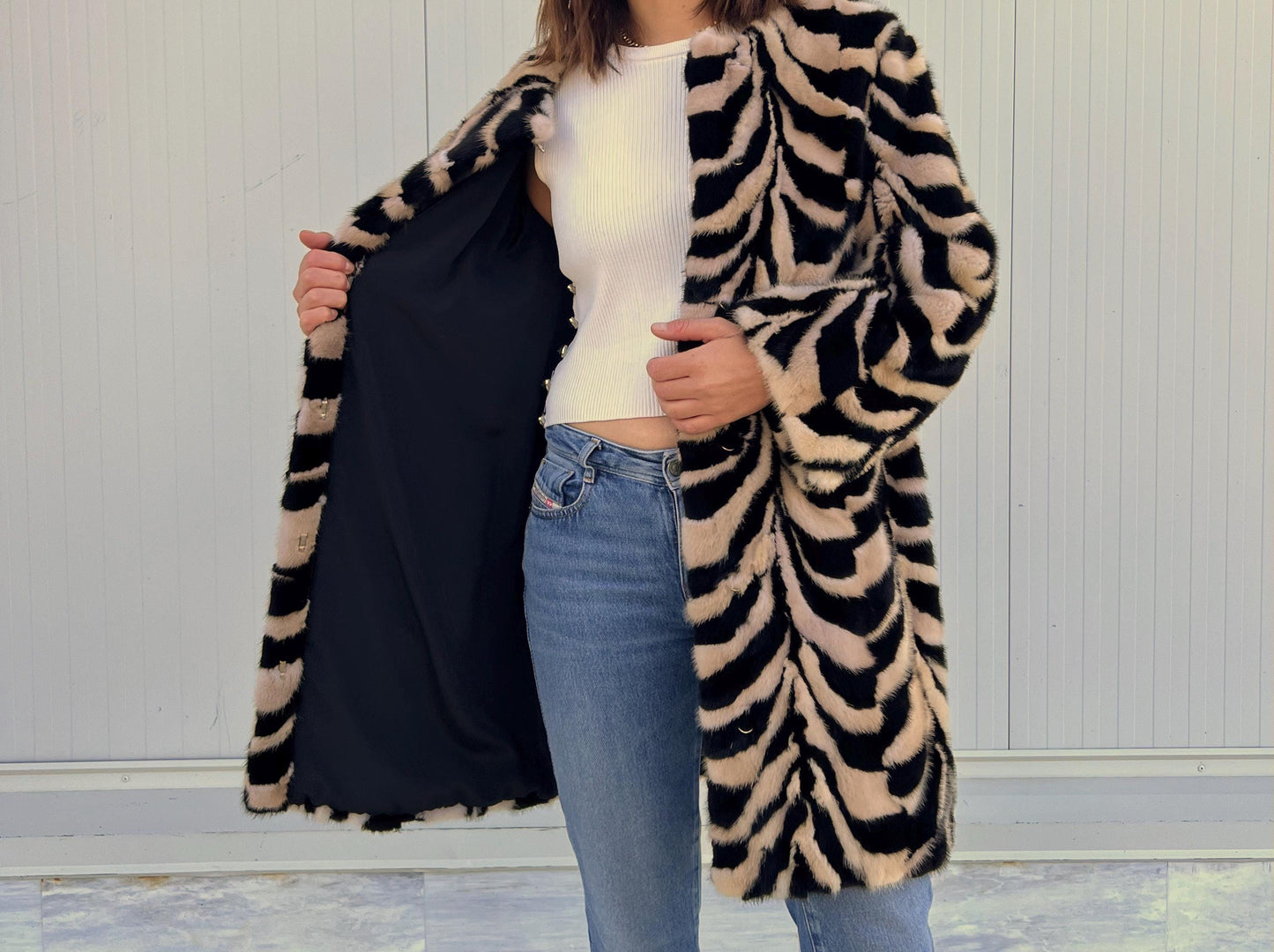 Beige & Black Intarsia Mink Fur Jacket: Handmade Genuine Fur Blazer