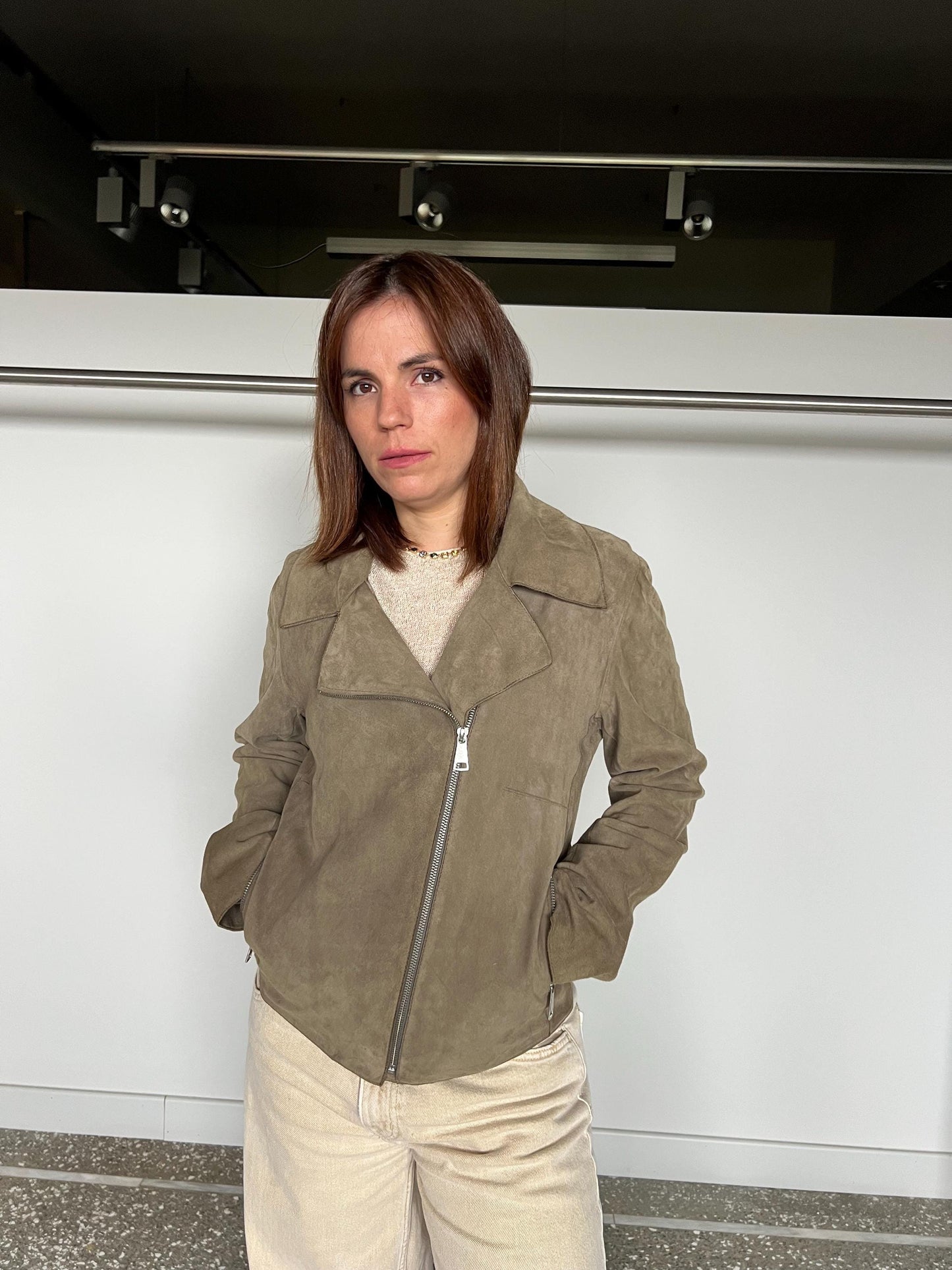 Grey olive  suede leather biker jacket . Light genuinely leather: Handmade blazer with pockets .