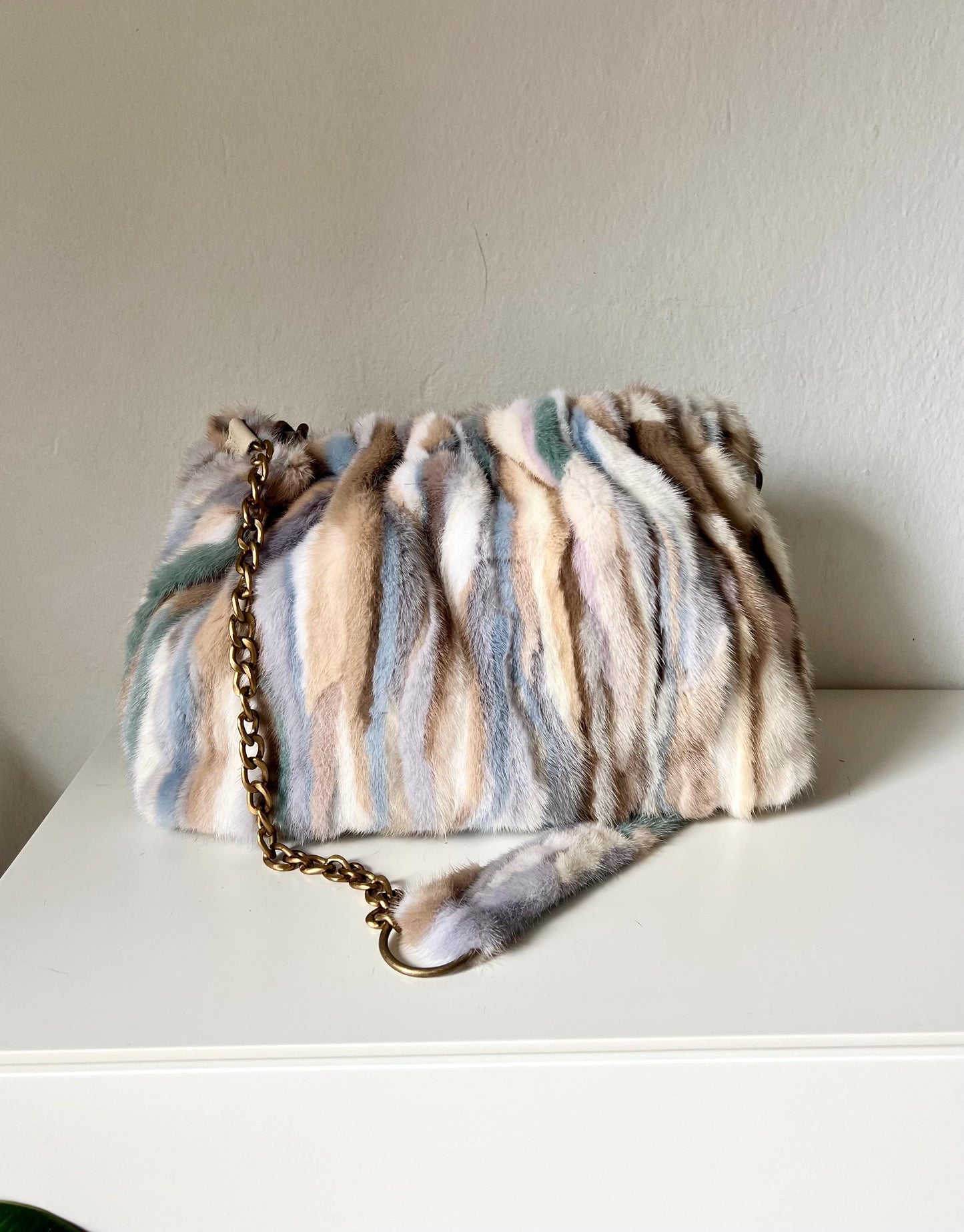 Multicolor Mink Fur Pouch Bag: Slouchy Shoulder Bag with Bronze Straps