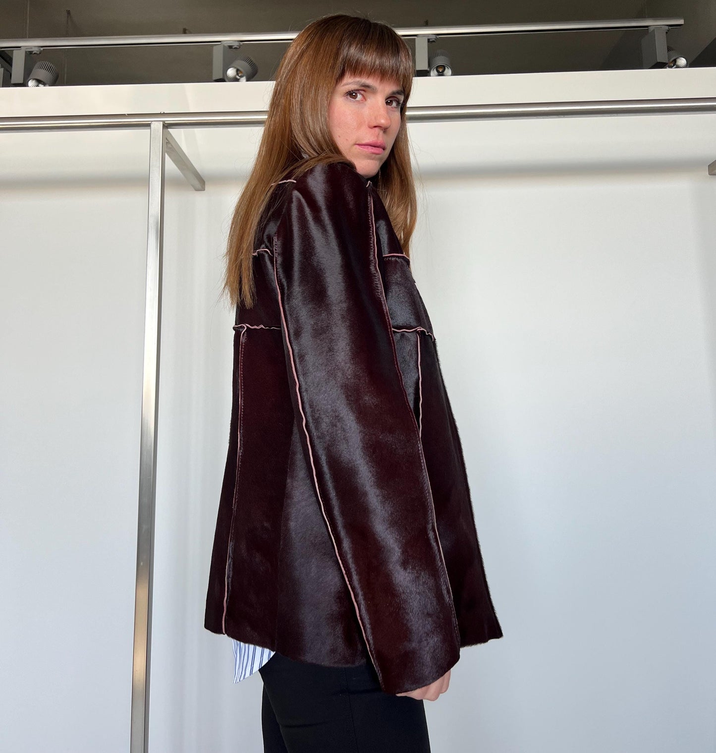Burgundy Hair-On Calf Hide Leather Coat - Lightweight Zipped Jacket