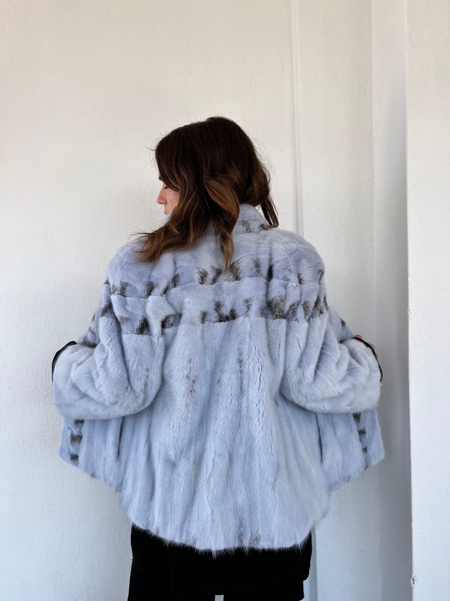 Baby Blue Mink Fur Jacket: High Collar artisanal fur - Handmade in Greece.