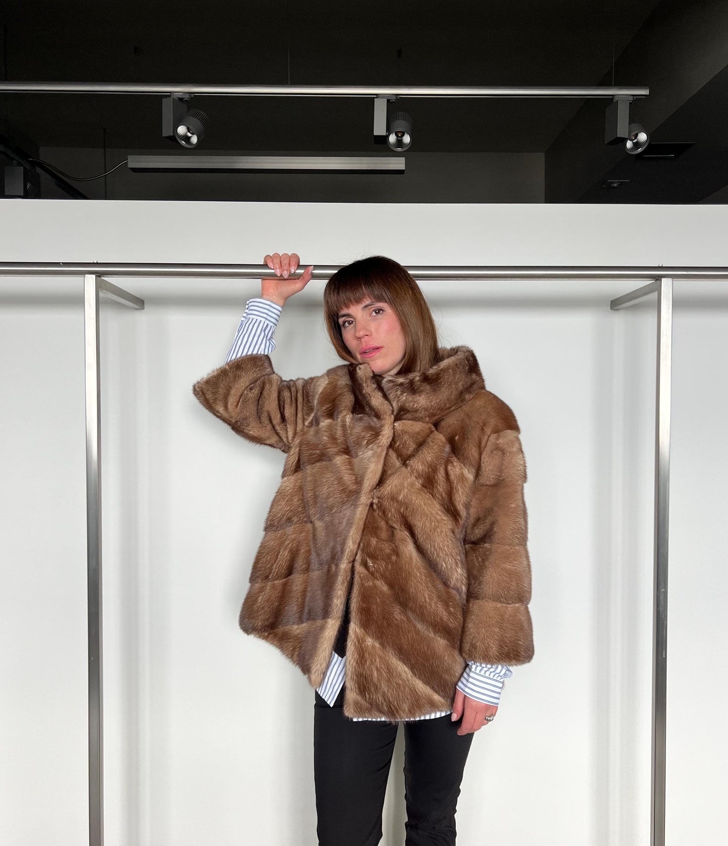 Mink Fur Collared Cappuccino Jacket - Handmade Luxury Fur Gift