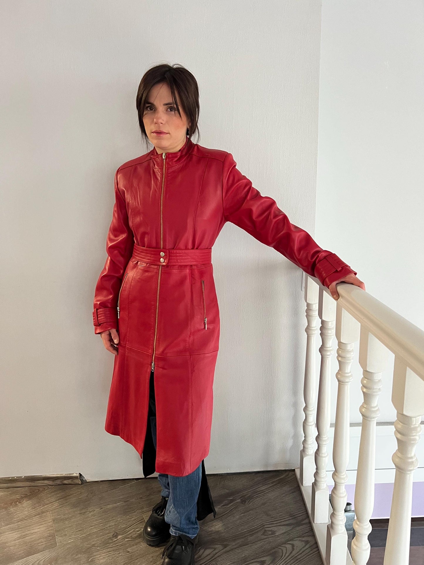 Handmade Red buttery Nappa Lambskin Leather Coat: Belted Warm Lining