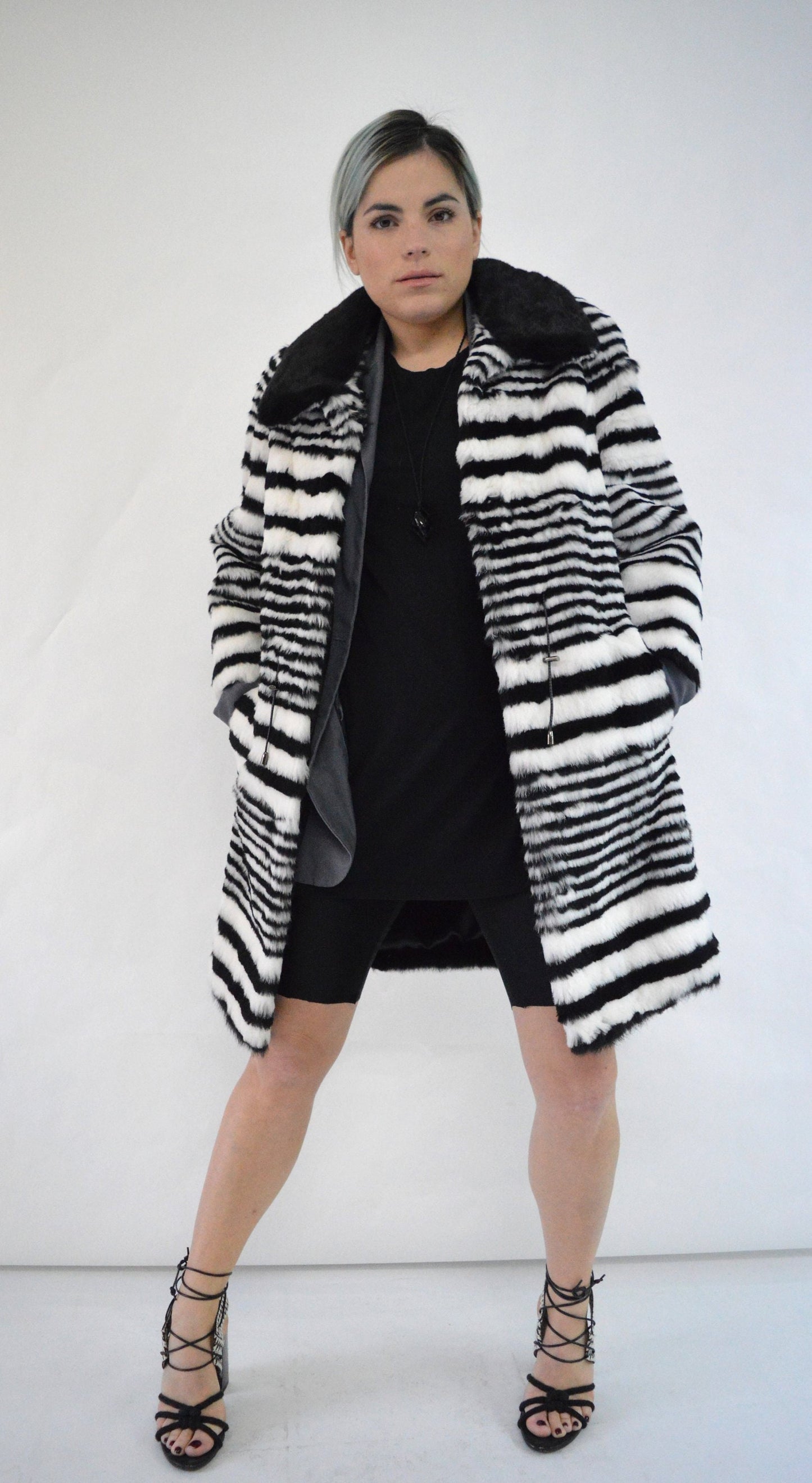 Black & White Rabbit Fur Coat: Mink Collar, Luxury Winter Coat