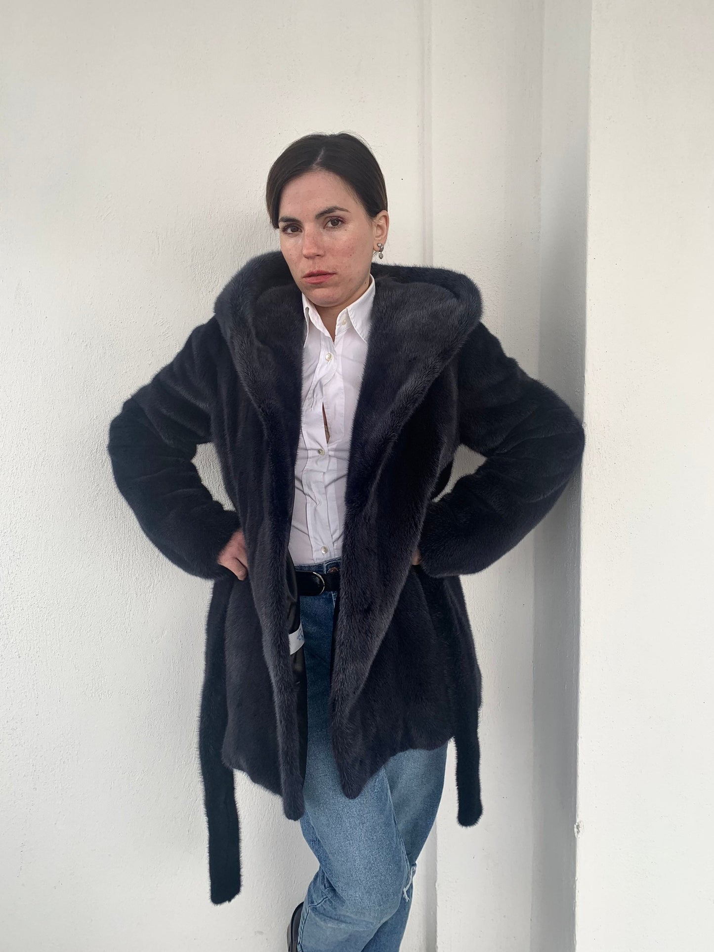 Denim Blue Mink Fur Stroller Coat: Hooded Belted Luxury