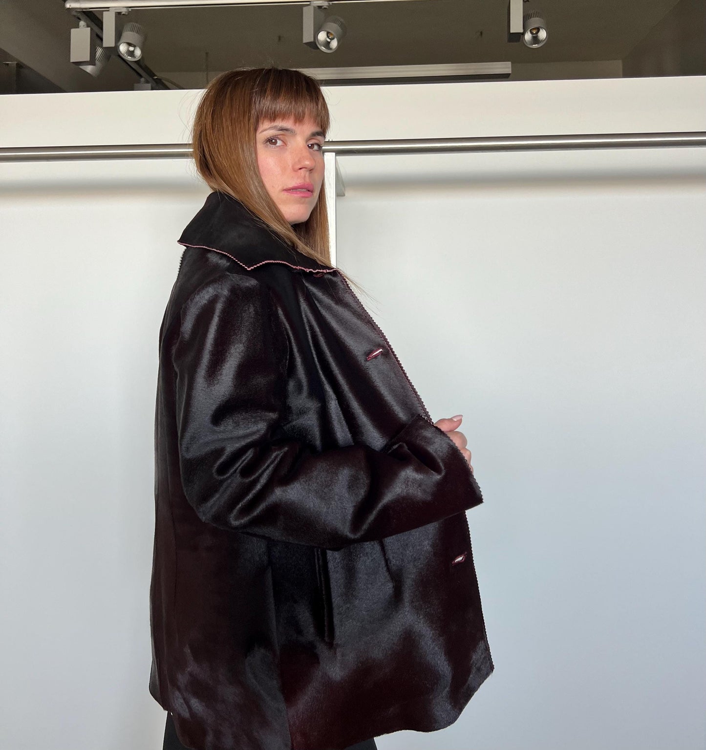 Burgundy Pony Hair Leather Coat: Handmade Calf Hide Jacket