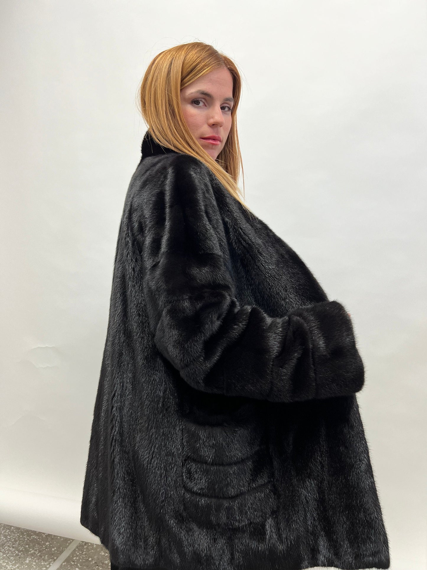 Black Mink Fur Coat, Boxy Jacket with Collar, Size Small