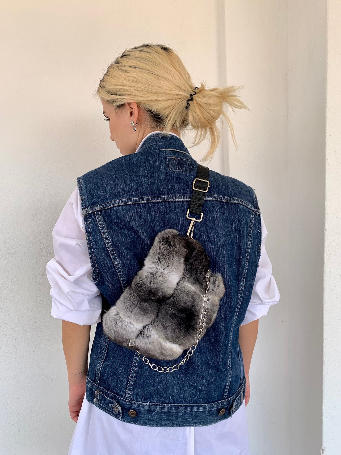 Real Rabbit Fur Bumbag: White Fanny Pack with Chain