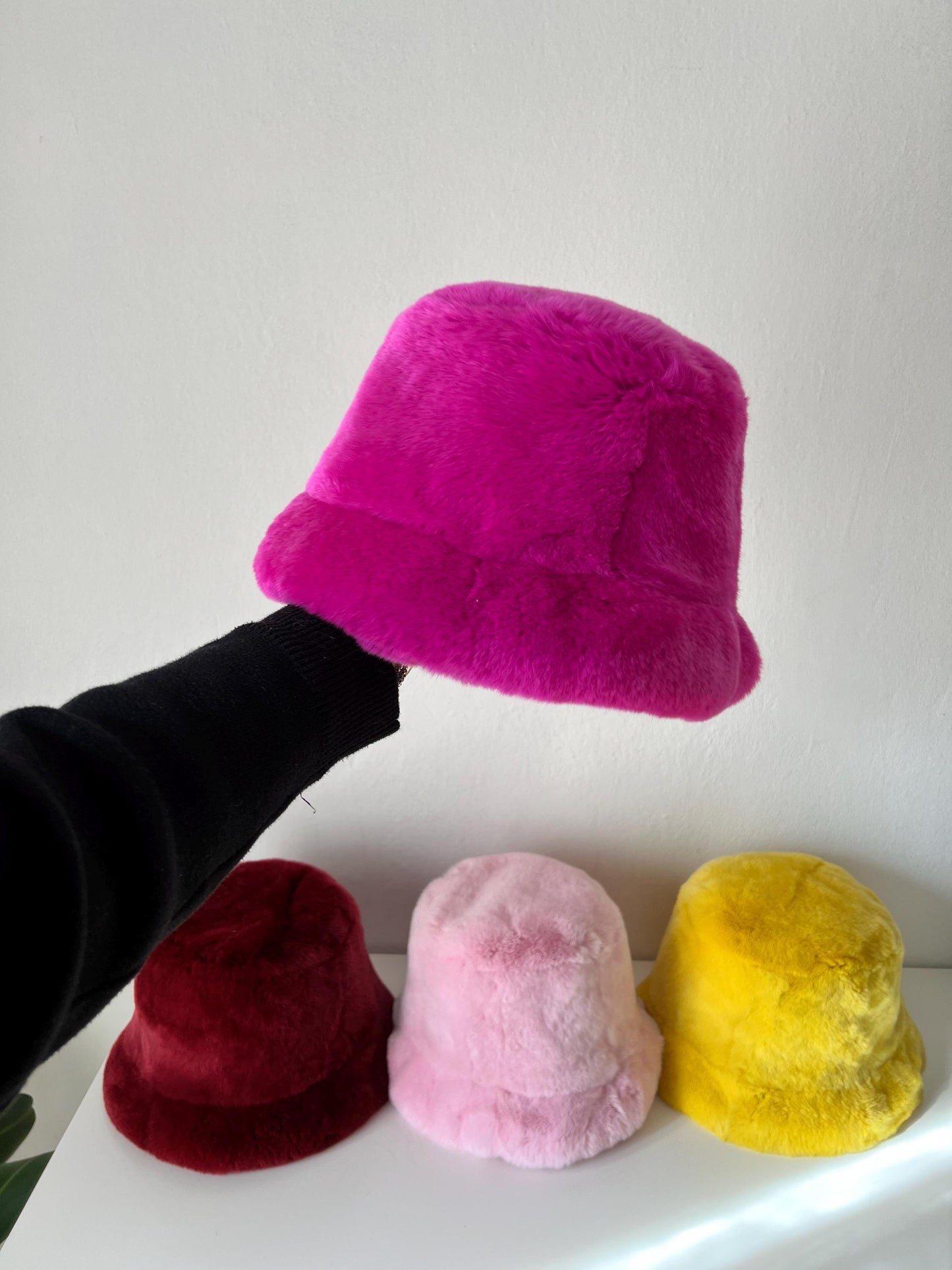 Burgundy Mink Fur Bucket Hat: Handmade Rabbit Fur  with Lining