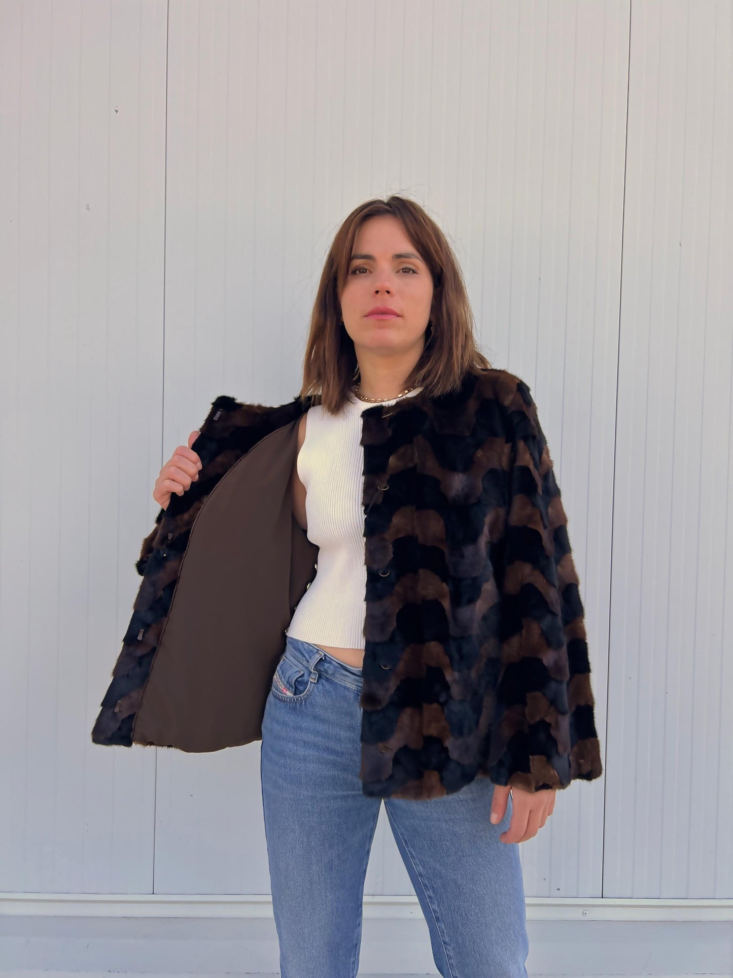 Sheared Mink Fur Jacket: Brown & Black Intarsia Design, Hagen Closure