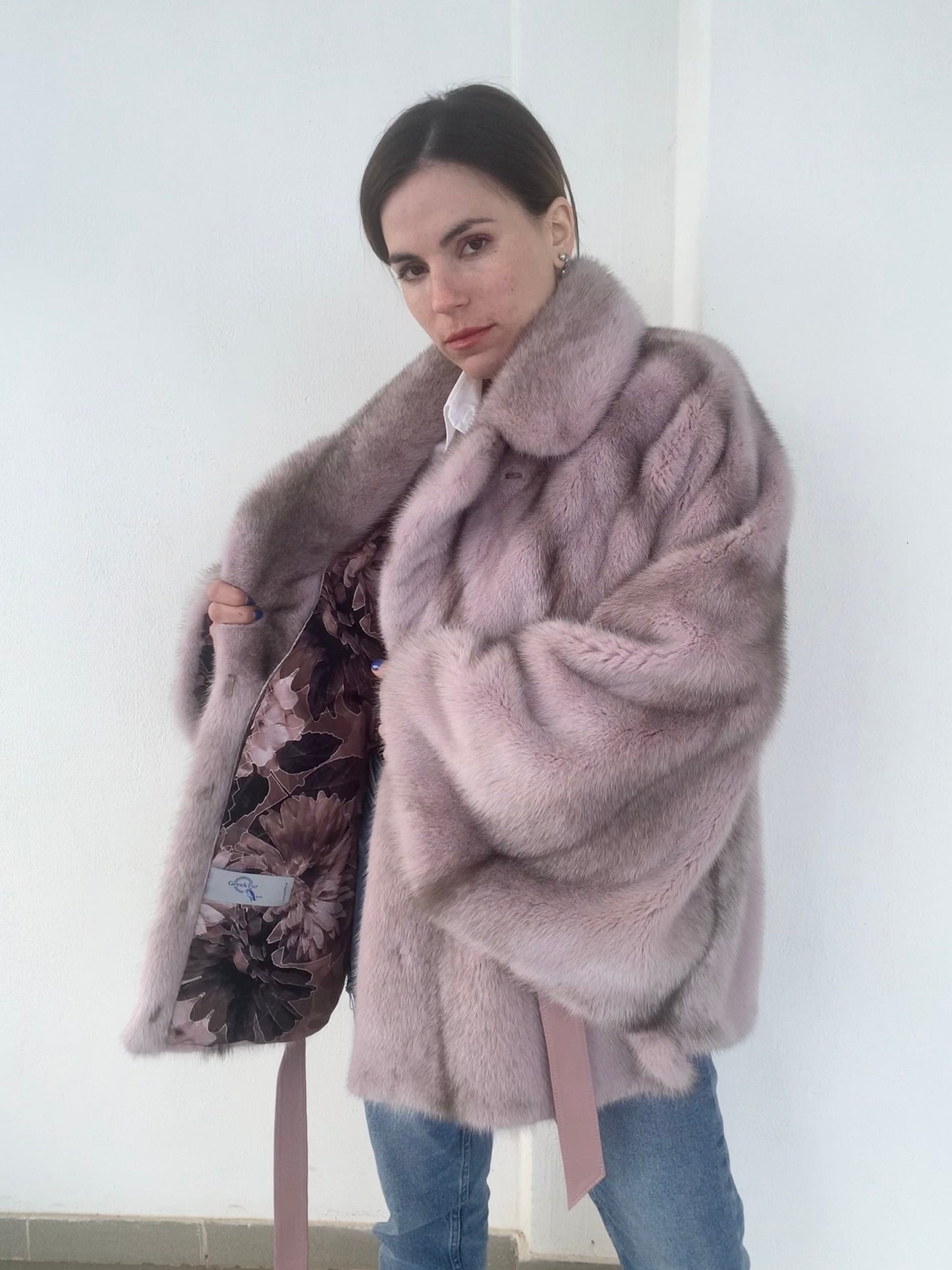 Pink & Black Cross Mink Fur Cape with Leather Belt