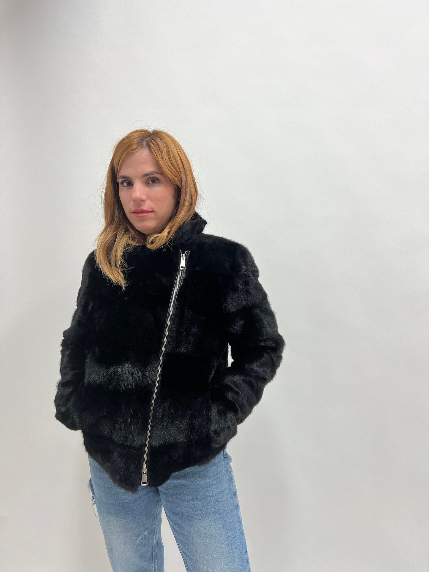 Black Mink Biker Jacket: Horizontal Fur, Silver Hardware