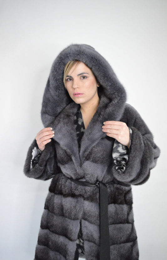 Gray Mink Fur Kimono Coat: Hooded Black Cross Dyed Stroller,oversized with Leather Belt