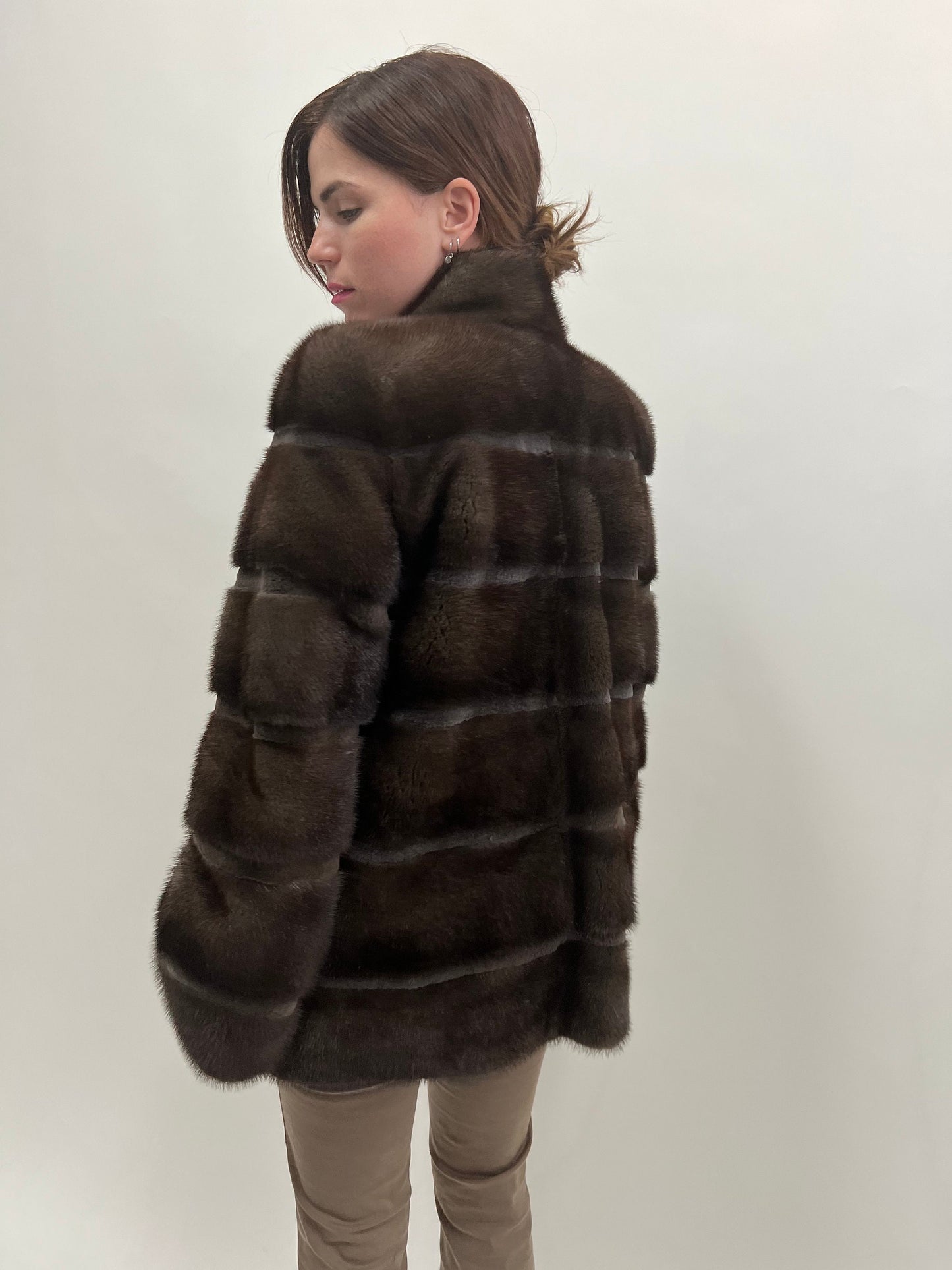 Brown Mink Fur Coat, Saga Sheared Trim, Handmade in Greece
