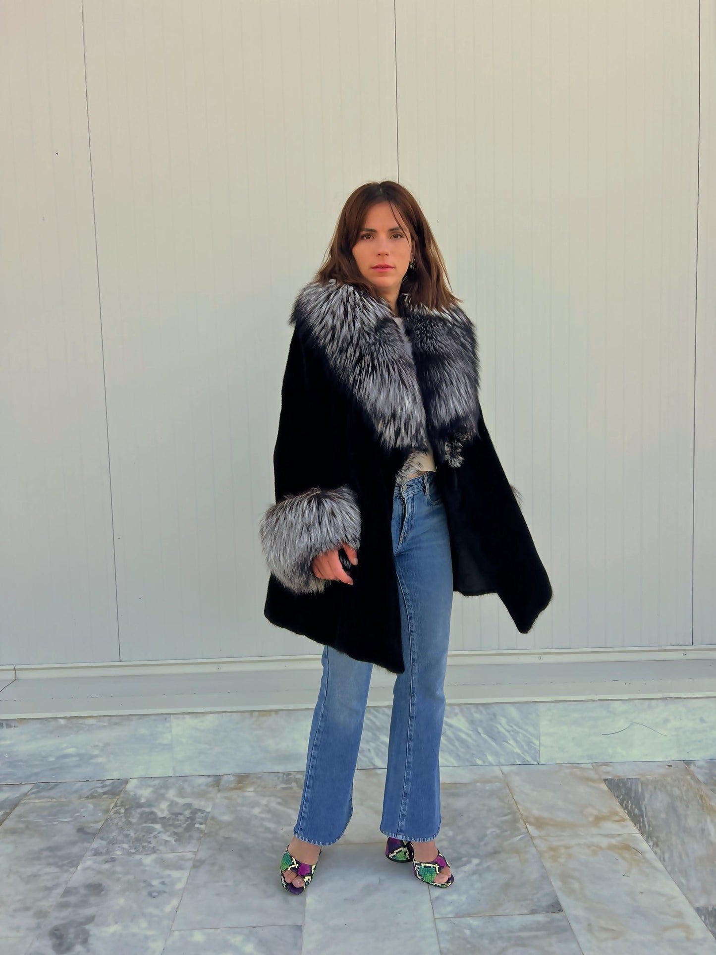 Blackglama Mink Fur Stroller Coat: Silver Fox Collar & Cuffs, Handmade Luxury Jacket (Large)