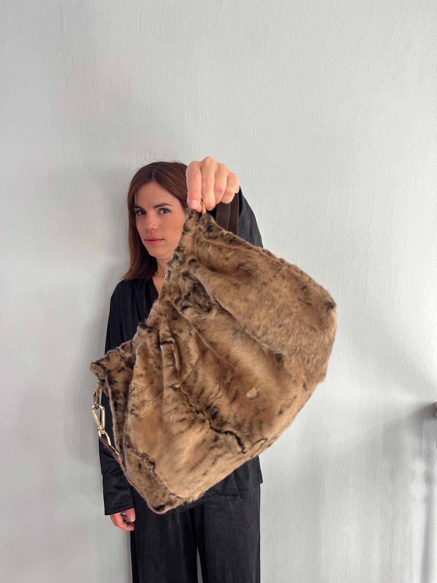 Rusty brown lamb fur Slouch Bag: Swakara Handmade brown Strap Crossbody with lining.