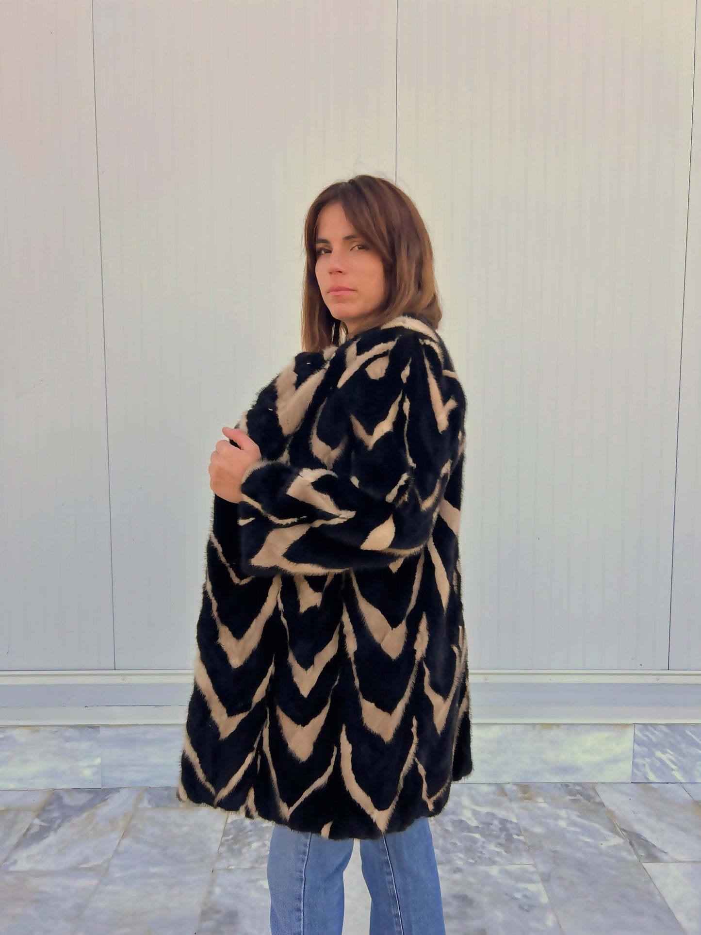 Intarsia Mink Fur Coat: Black and Beige Genuine Fur Jacket