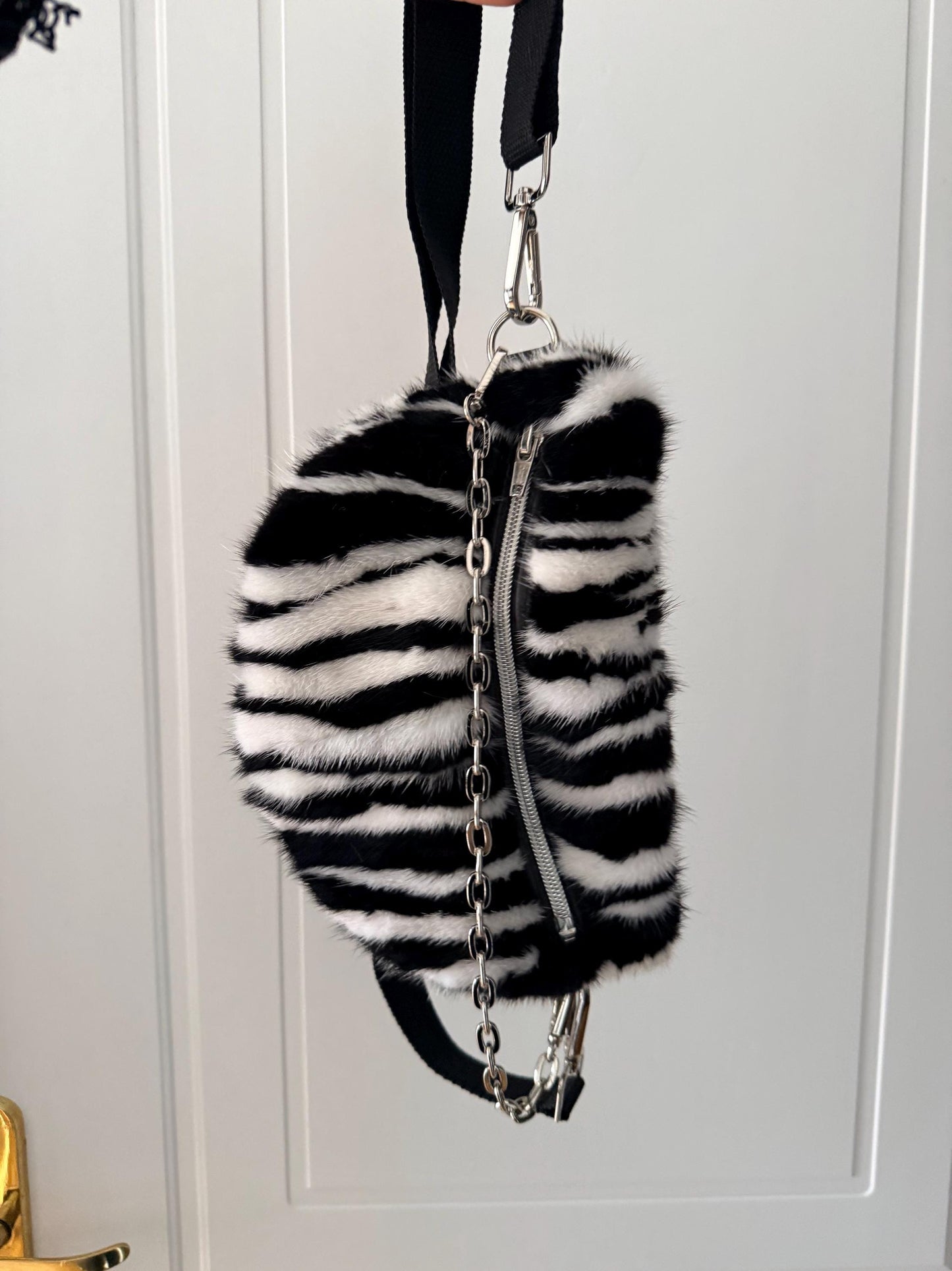 Black and white Mink Fur Bumbag with Chain: Luxury Fanny Pack