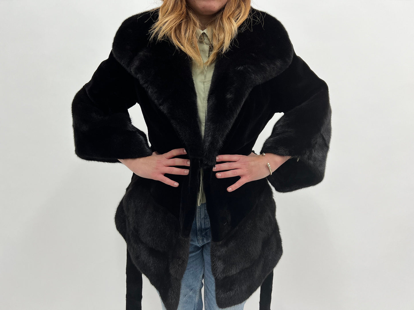 Black Sheared Mink Fur Coat with Belt & Big Collar