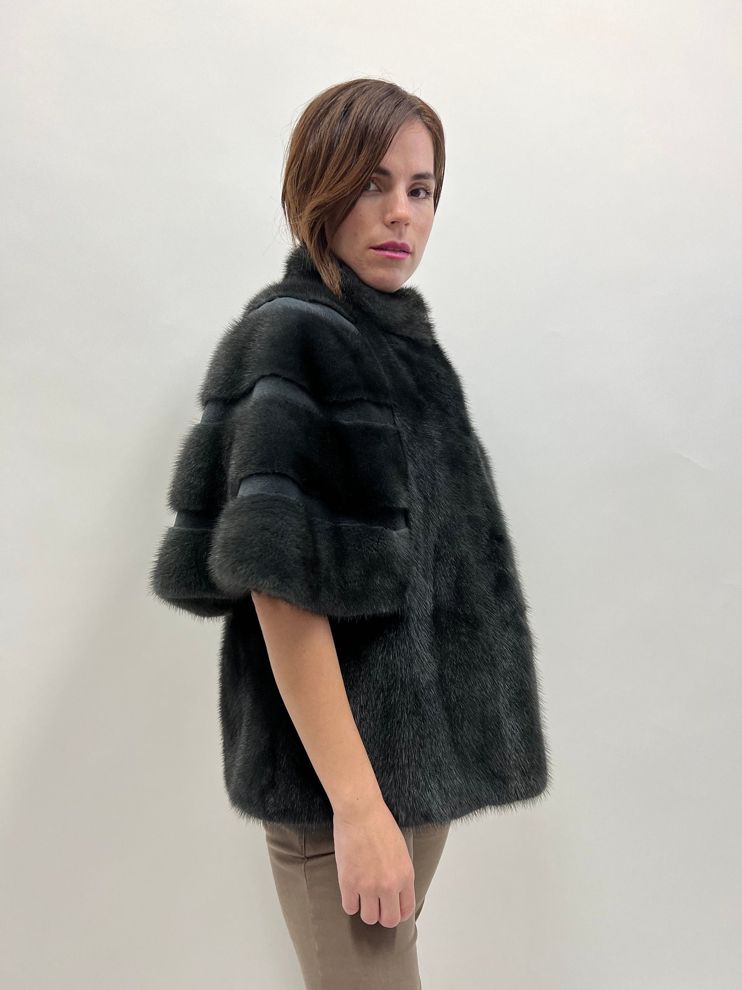 Midnight Blue Mink Fur Cape Jacket - Sheared Mink Details - Saga Furs