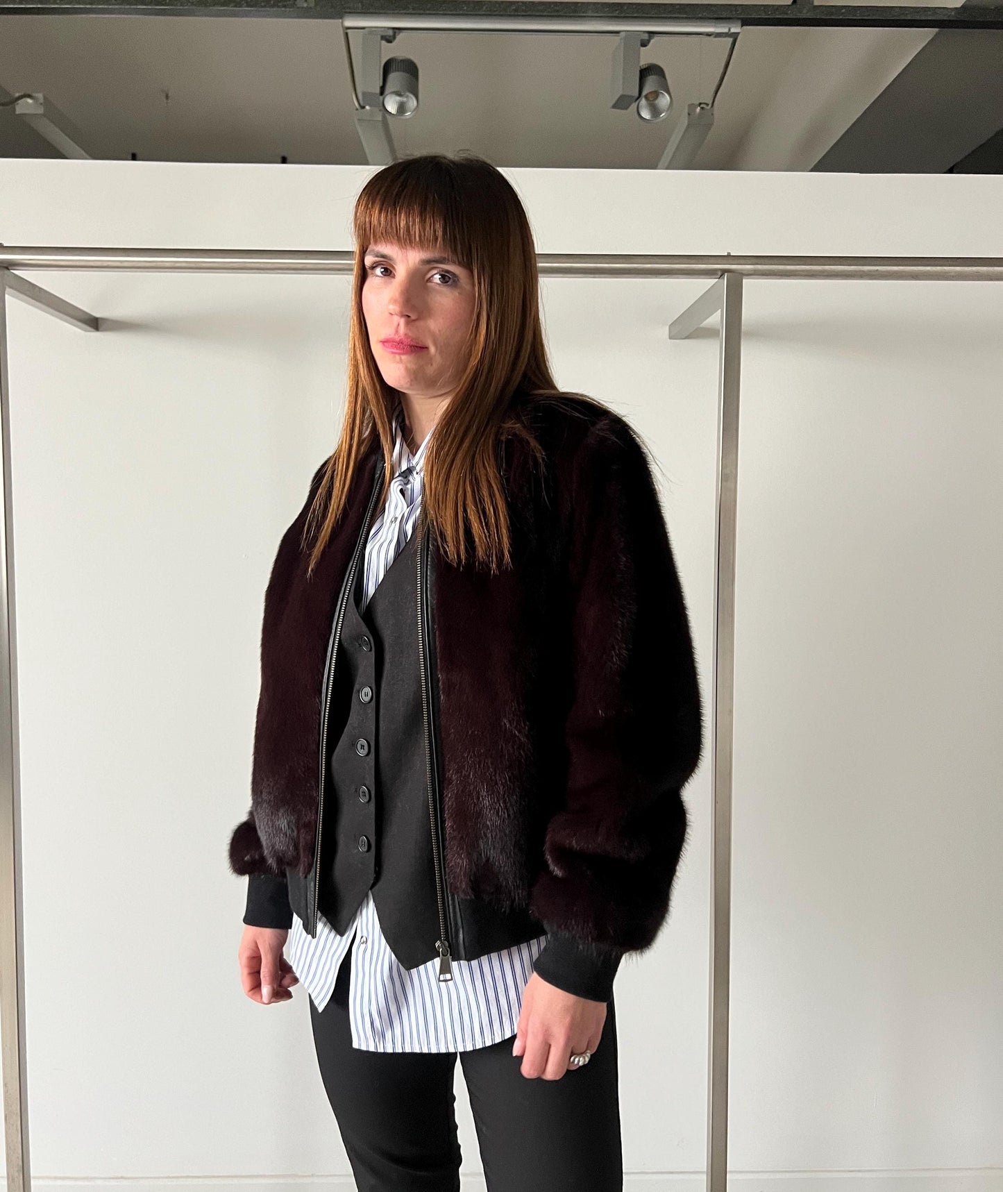 Burgundy Mink Fur Bomber Jacket: Elastic Hem, Silky Lining