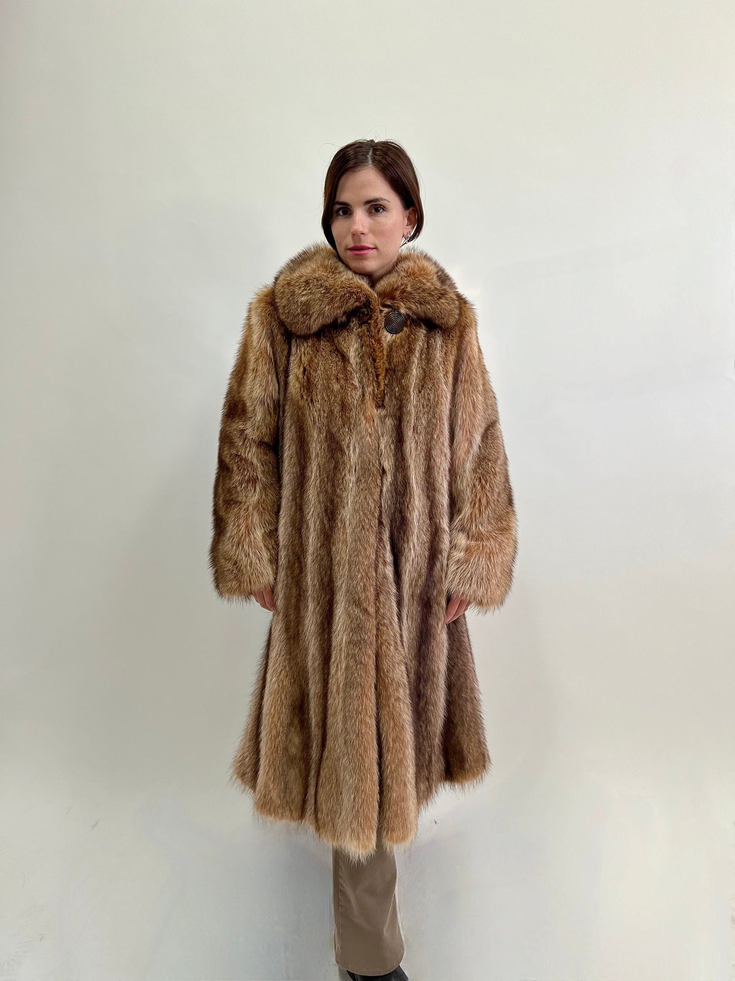 Real Crystal Raccoon Fur Coat: Tan Brown Full Length Godet, Big Collar