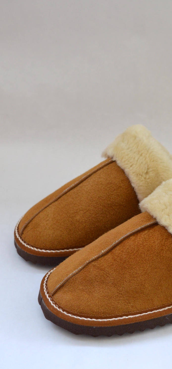 Tan Shearling Slippers: Genuine Sheepskin Fur Shoes