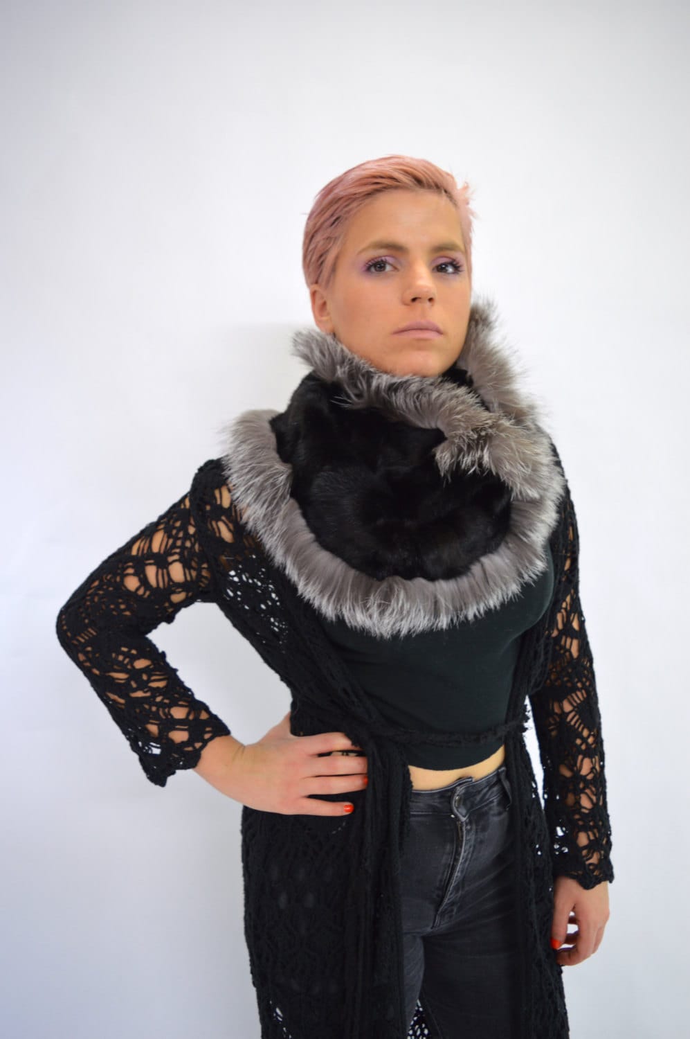 Handmade Black Mink Fur Infinity Scarf: Silver Fox Fur Cowl